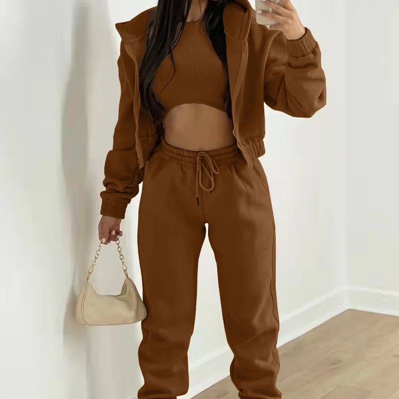 Autumn Winter Women's 3 Piece Sets Casual Long Sleeve Zip Hoodies Tank High Waist Sweatpants Jogger Pant Suits Sporty Outfit-AMAZON FACTORY