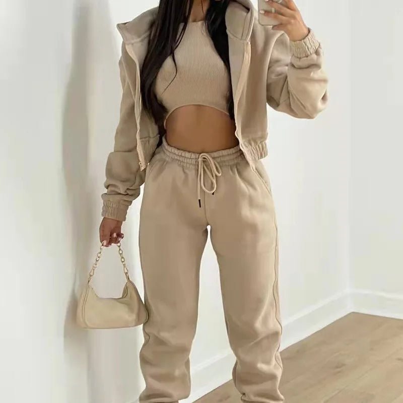 Autumn Winter Women's 3 Piece Sets Casual Long Sleeve Zip Hoodies Tank High Waist Sweatpants Jogger Pant Suits Sporty Outfit-AMAZON FACTORY