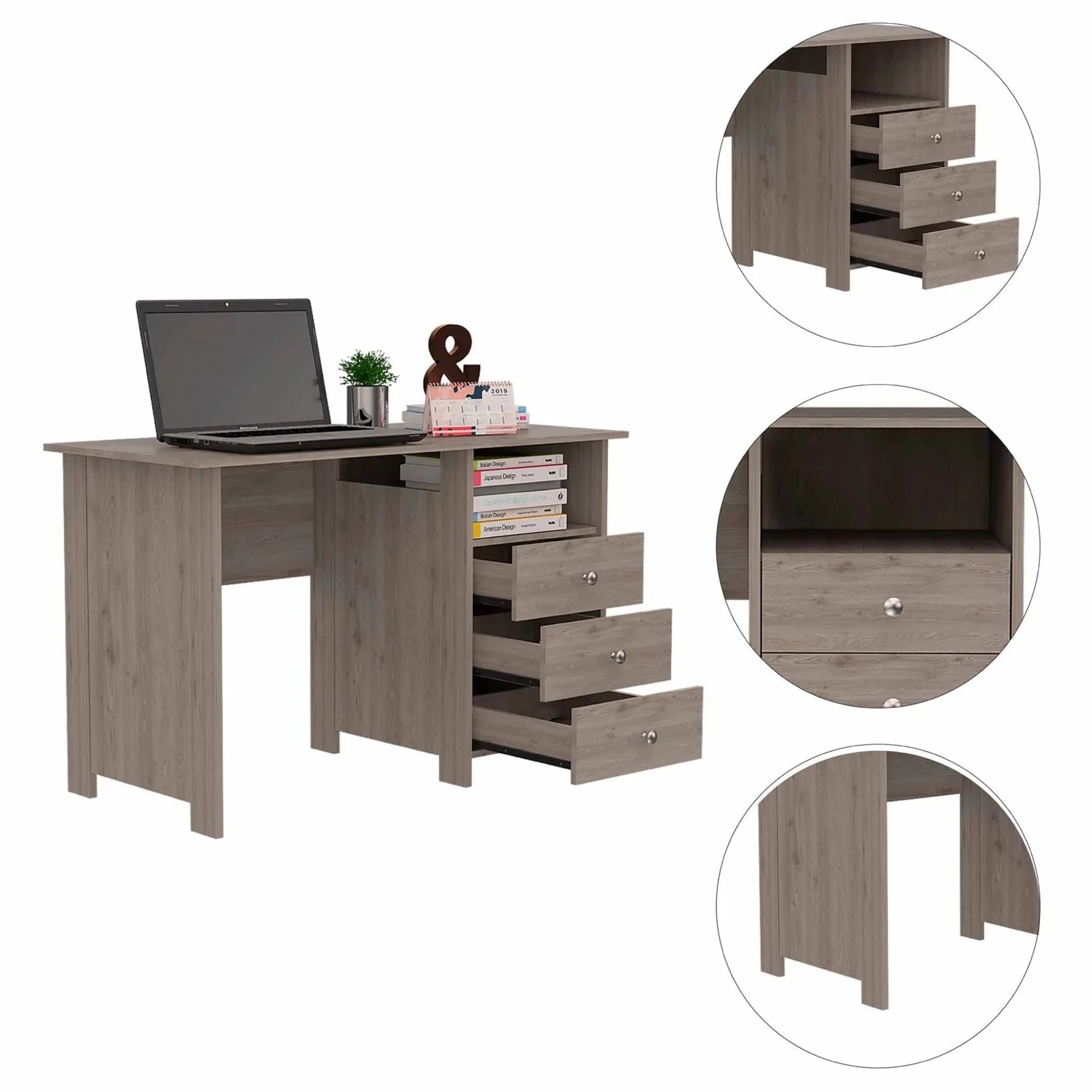 Bianco Writing Computer Desk, Three Drawers, One Shelf-AMAZON FACTORY