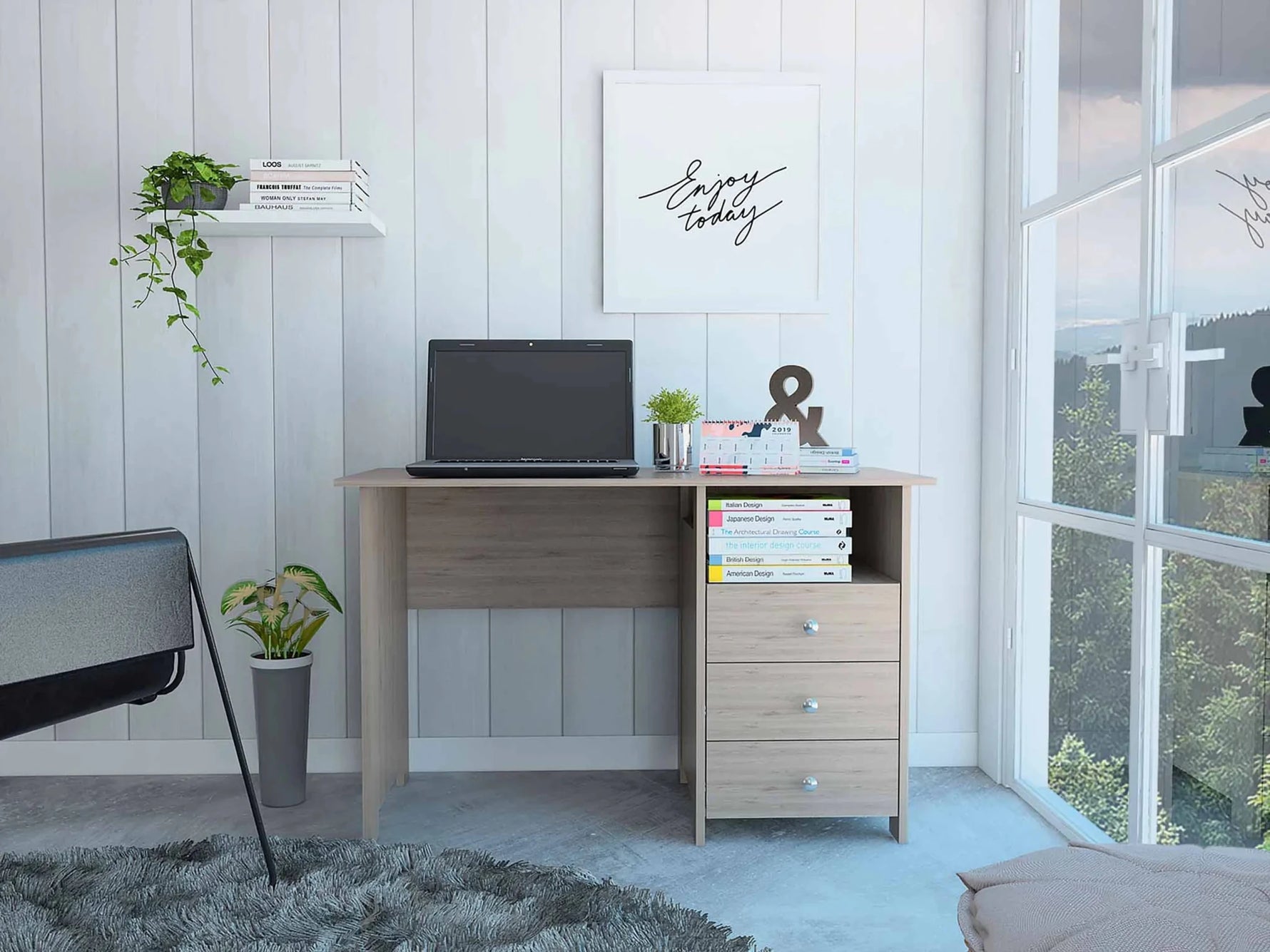 Bianco Writing Computer Desk, Three Drawers, One Shelf-AMAZON FACTORY