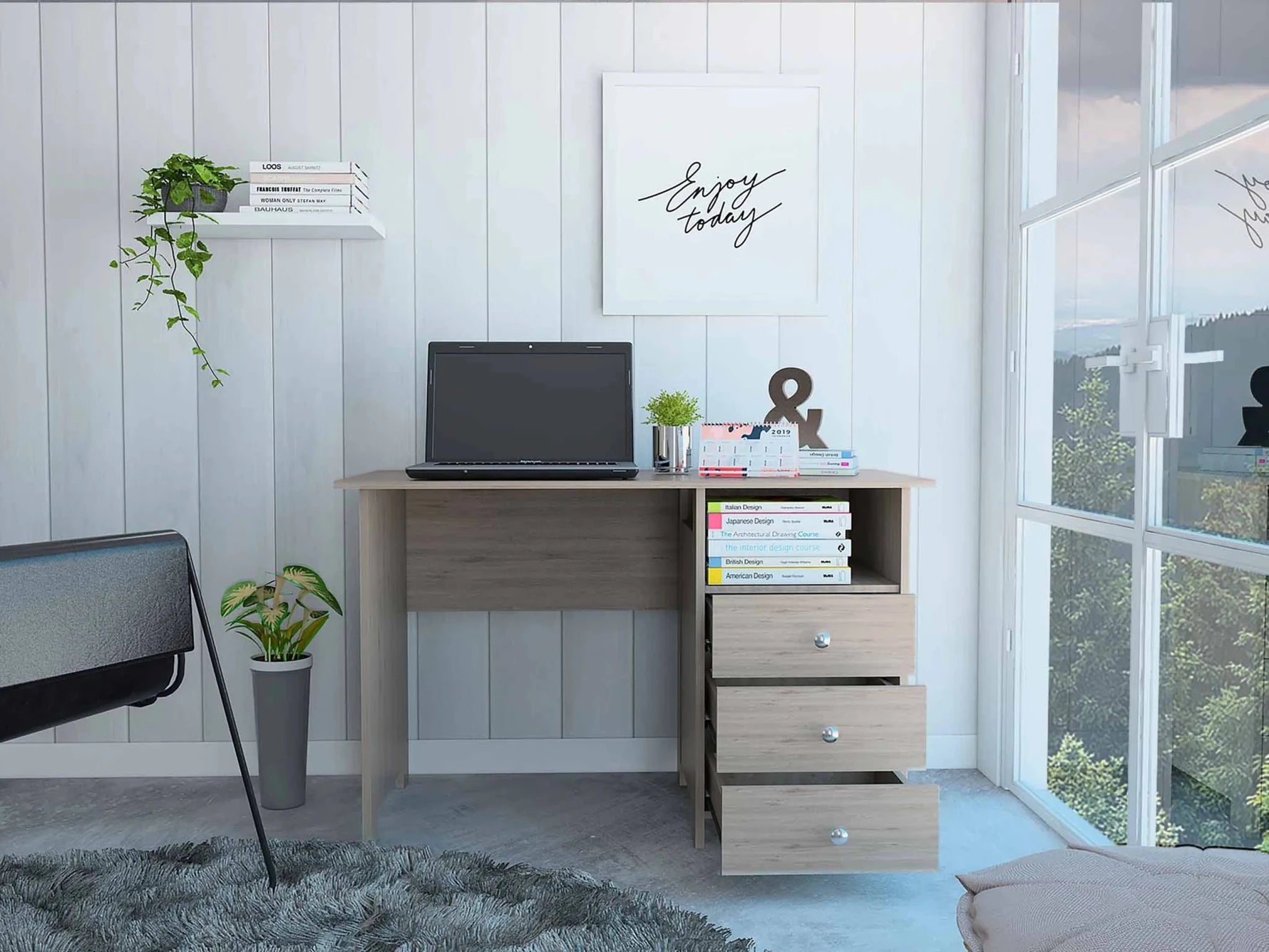 Bianco Writing Computer Desk, Three Drawers, One Shelf-AMAZON FACTORY