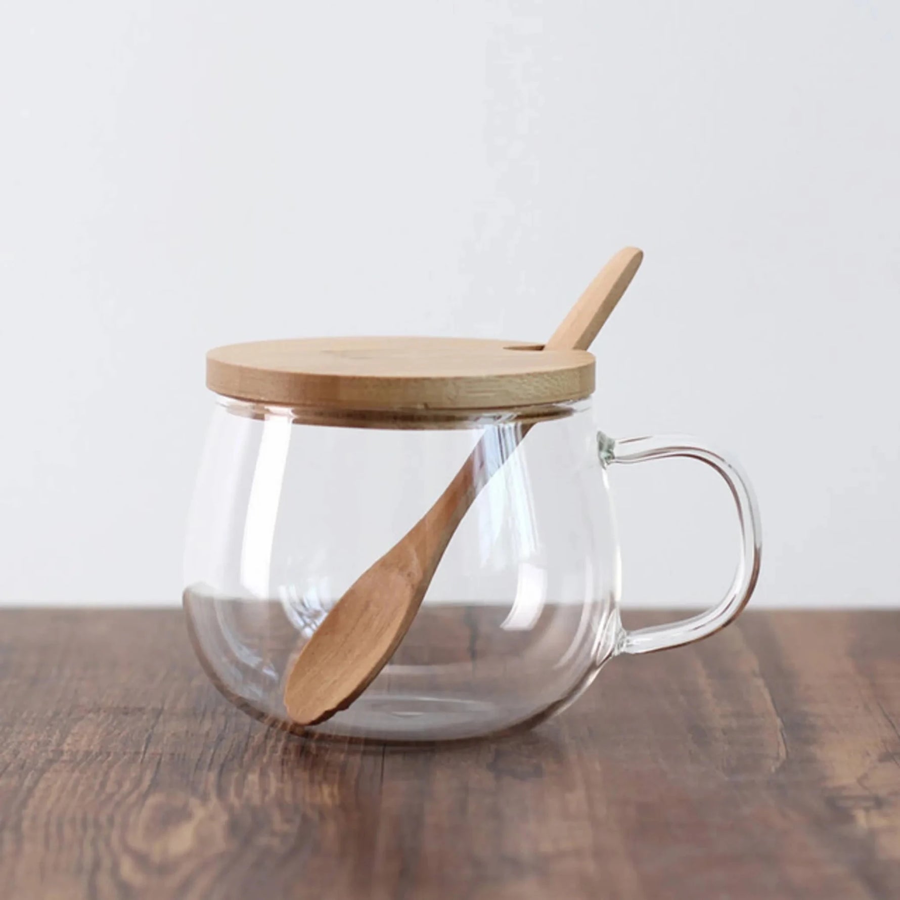 Borosilicate Glass Teacup w/ bamboo lid & spoon 11oz-AMAZON FACTORY