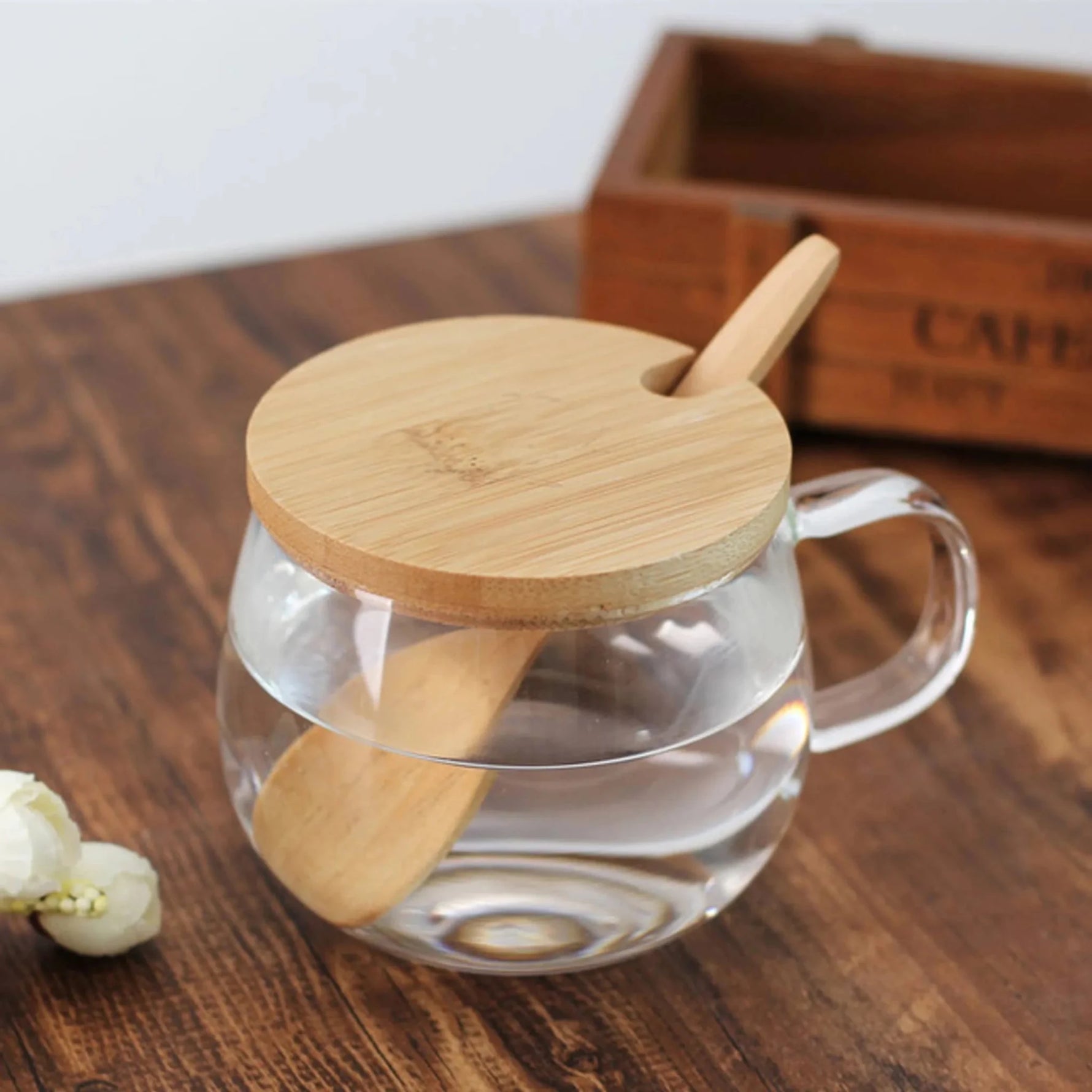 Borosilicate Glass Teacup w/ bamboo lid & spoon 11oz-AMAZON FACTORY