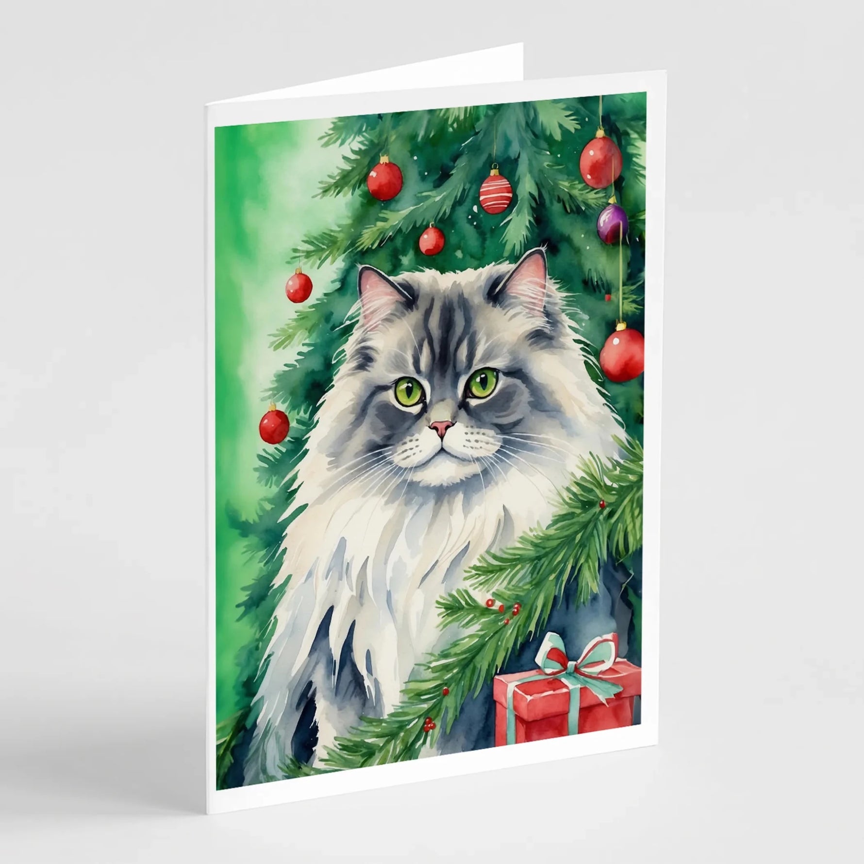 Cat By Christmas Tree Greeting Cards - Size: 5X7 | Pack Of: 8 | Collection name: Cat by christmas tree-AMAZON FACTORY