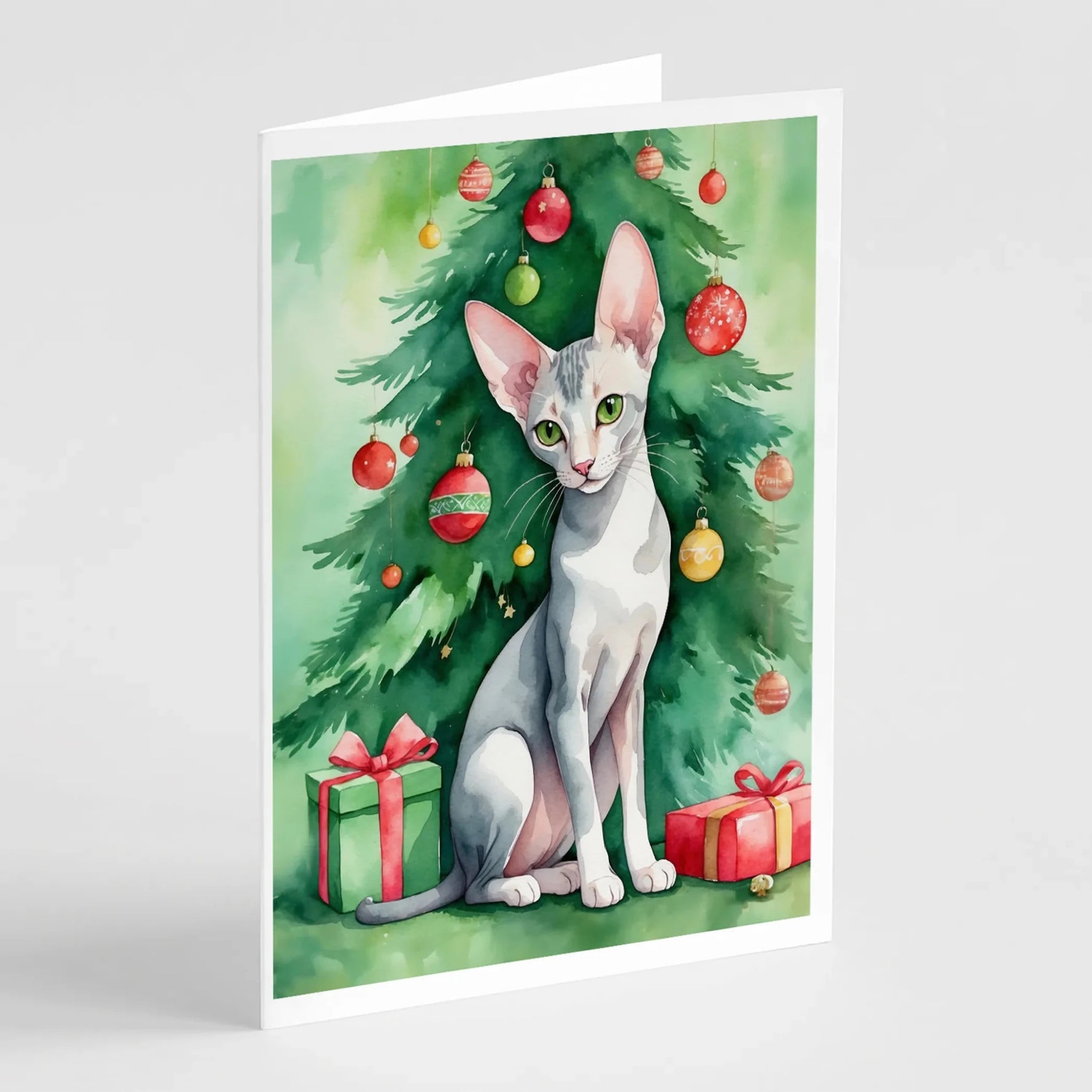 Cat By Christmas Tree Greeting Cards - Size: 5X7 | Pack Of: 8 | Collection name: Cat by christmas tree-AMAZON FACTORY