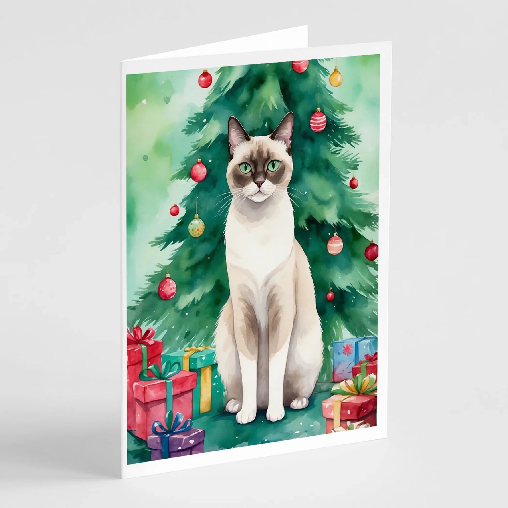 Cat By Christmas Tree Greeting Cards - Size: 5X7 | Pack Of: 8 | Collection name: Cat by christmas tree-AMAZON FACTORY