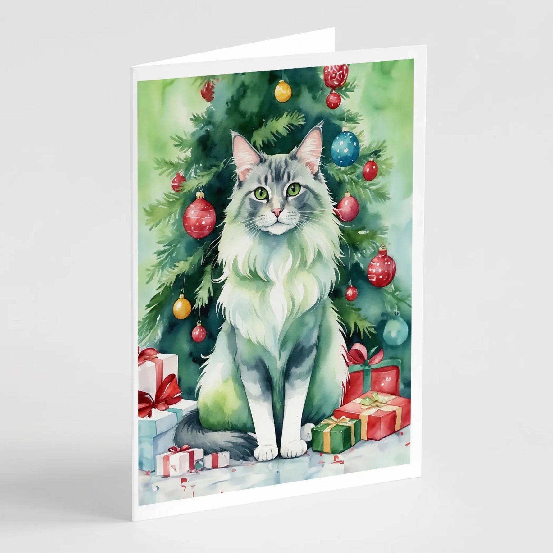 Cat By Christmas Tree Greeting Cards - Size: 5X7 | Pack Of: 8 | Collection name: Cat by christmas tree-AMAZON FACTORY