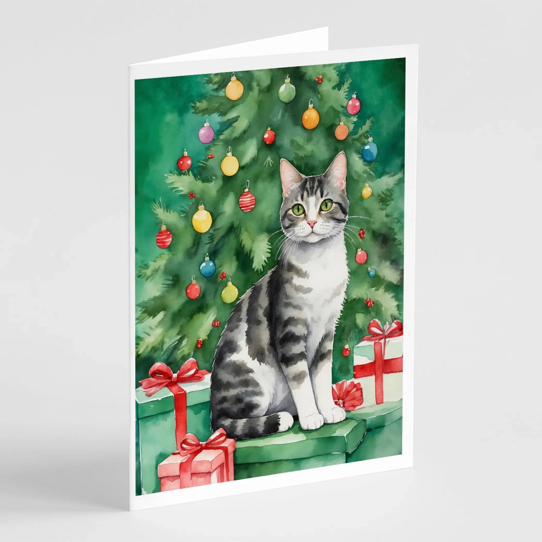 Cat By Christmas Tree Greeting Cards - Size: 5X7 | Pack Of: 8 | Collection name: Cat by christmas tree-AMAZON FACTORY