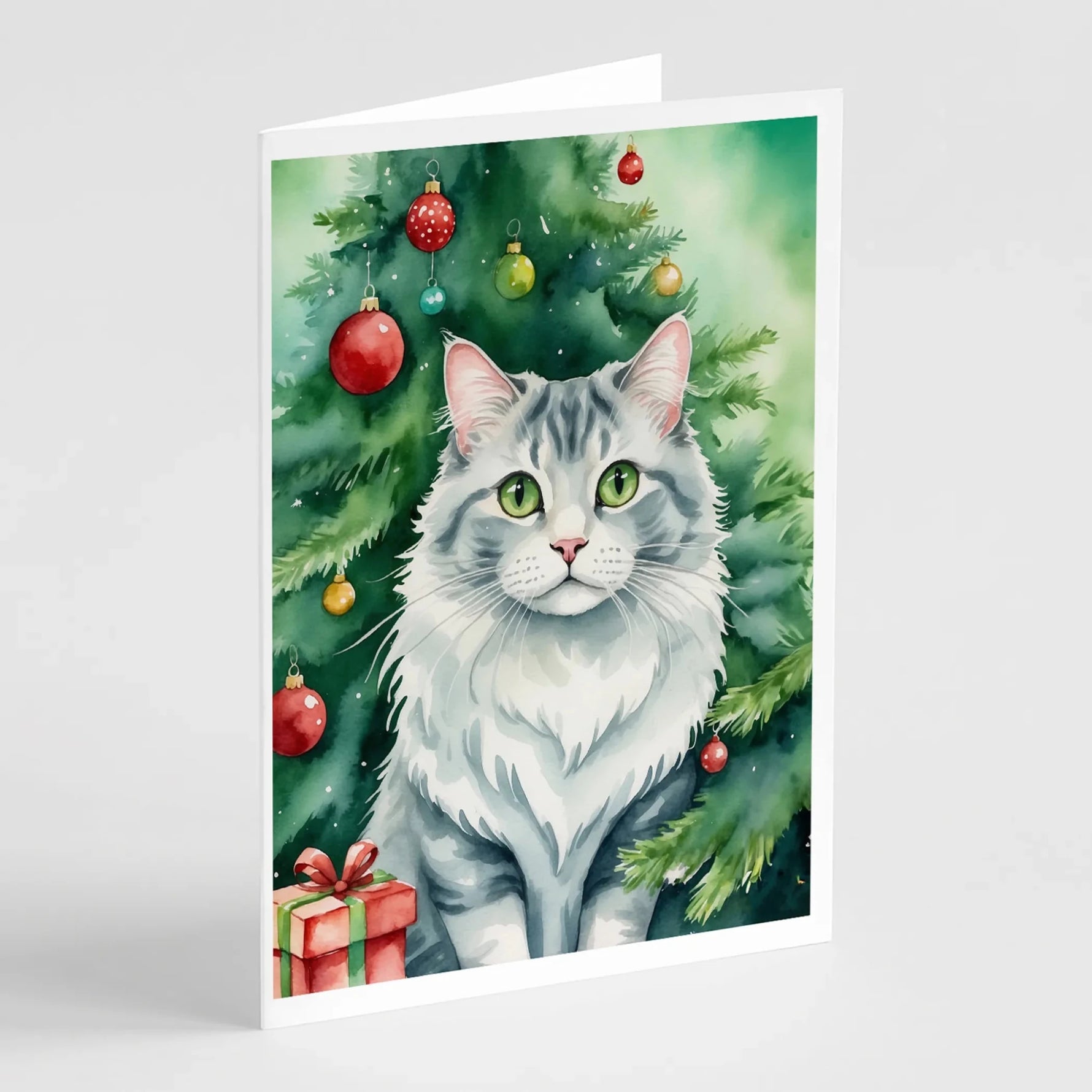 Cat By Christmas Tree Greeting Cards - Size: 5X7 | Pack Of: 8 | Collection name: Cat by christmas tree-AMAZON FACTORY