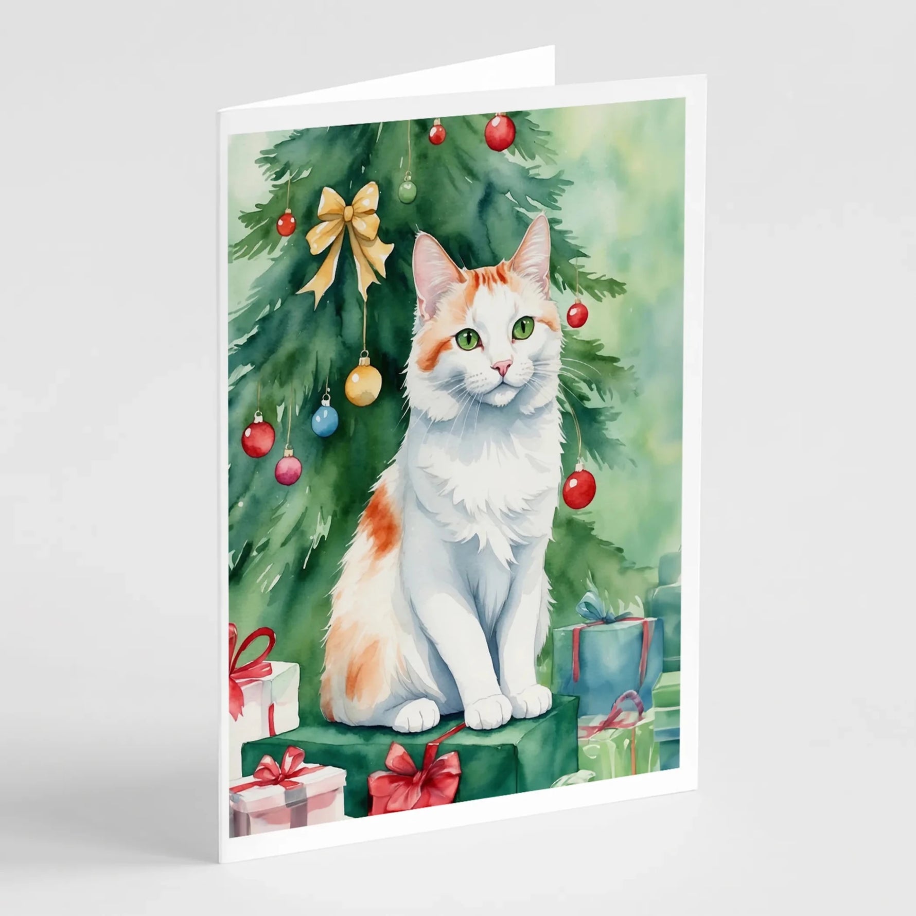 Cat By Christmas Tree Greeting Cards - Size: 5X7 | Pack Of: 8 | Collection name: Cat by christmas tree-AMAZON FACTORY