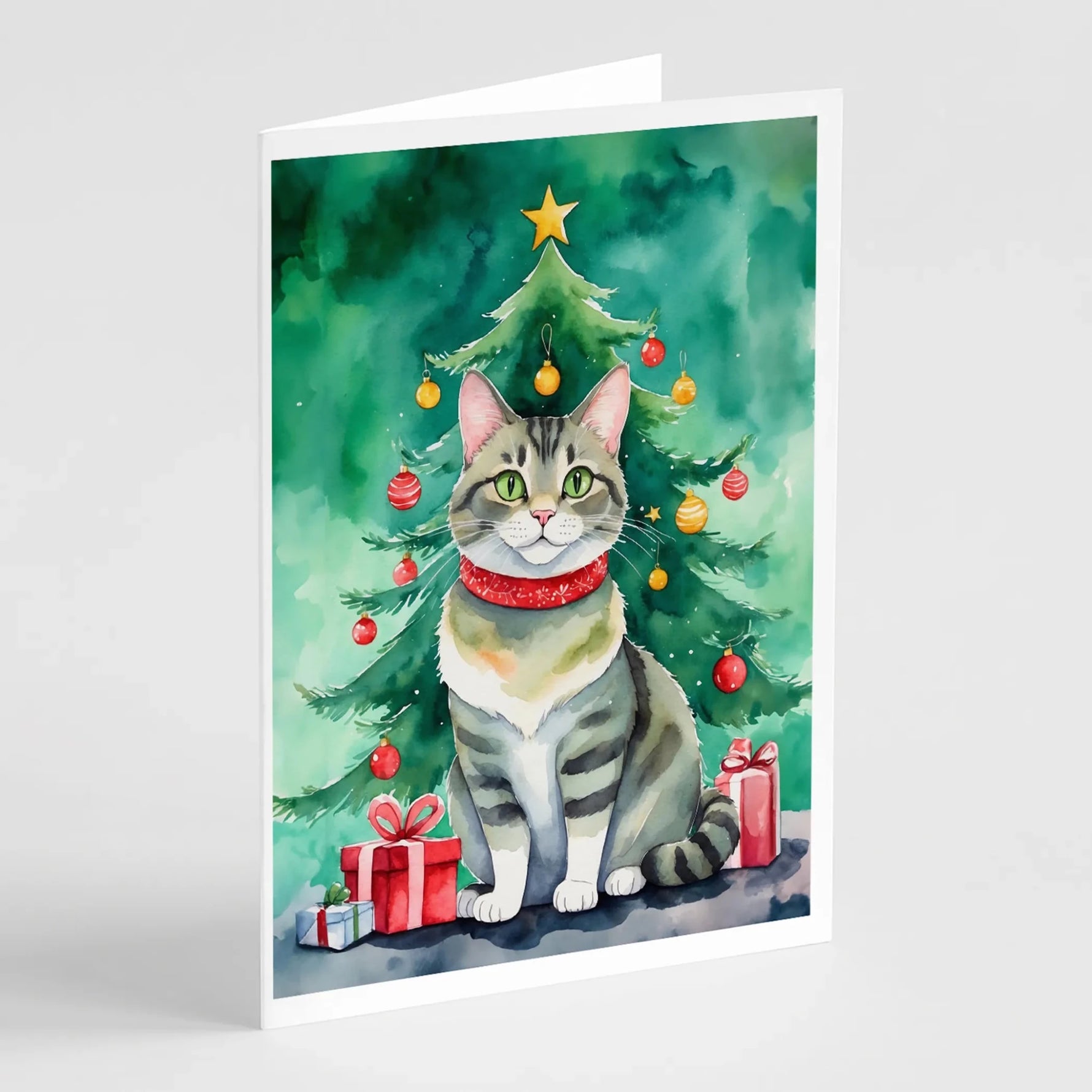 Cat By Christmas Tree Greeting Cards - Size: 5X7 | Pack Of: 8 | Collection name: Cat by christmas tree-AMAZON FACTORY