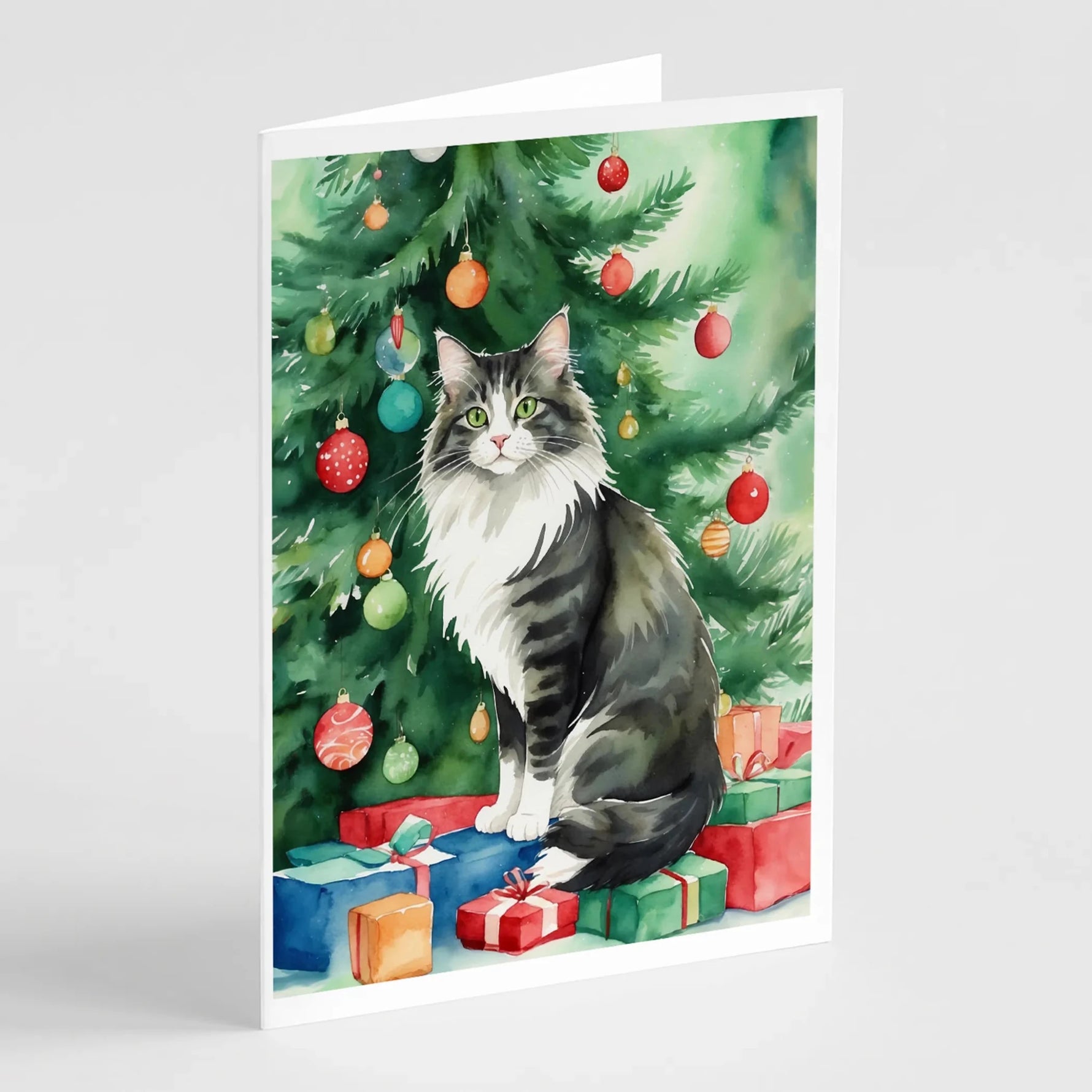 Cat By Christmas Tree Greeting Cards - Size: 5X7 | Pack Of: 8 | Collection name: Cat by christmas tree-AMAZON FACTORY