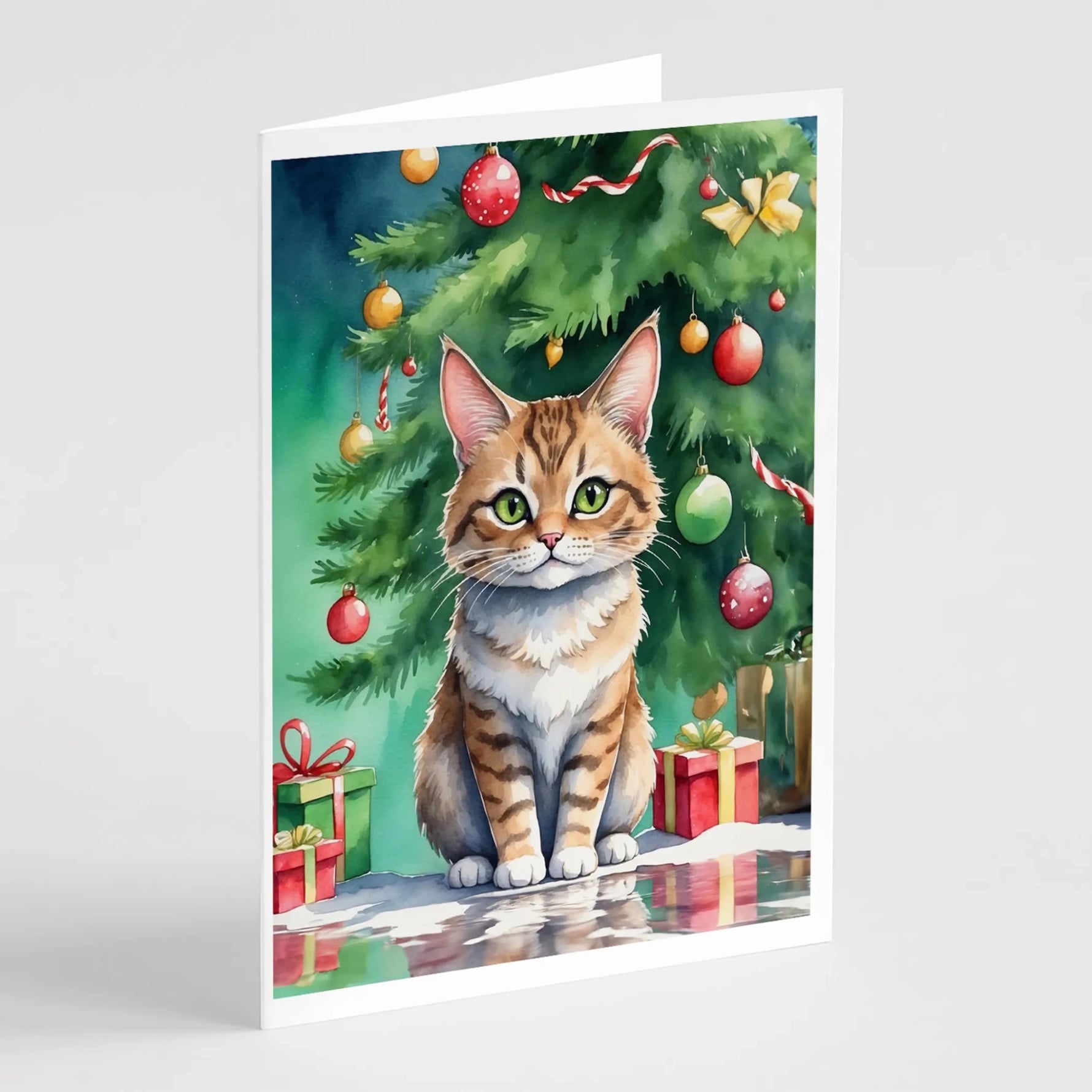 Cat By Christmas Tree Greeting Cards - Size: 5X7 | Pack Of: 8 | Collection name: Cat by christmas tree-AMAZON FACTORY