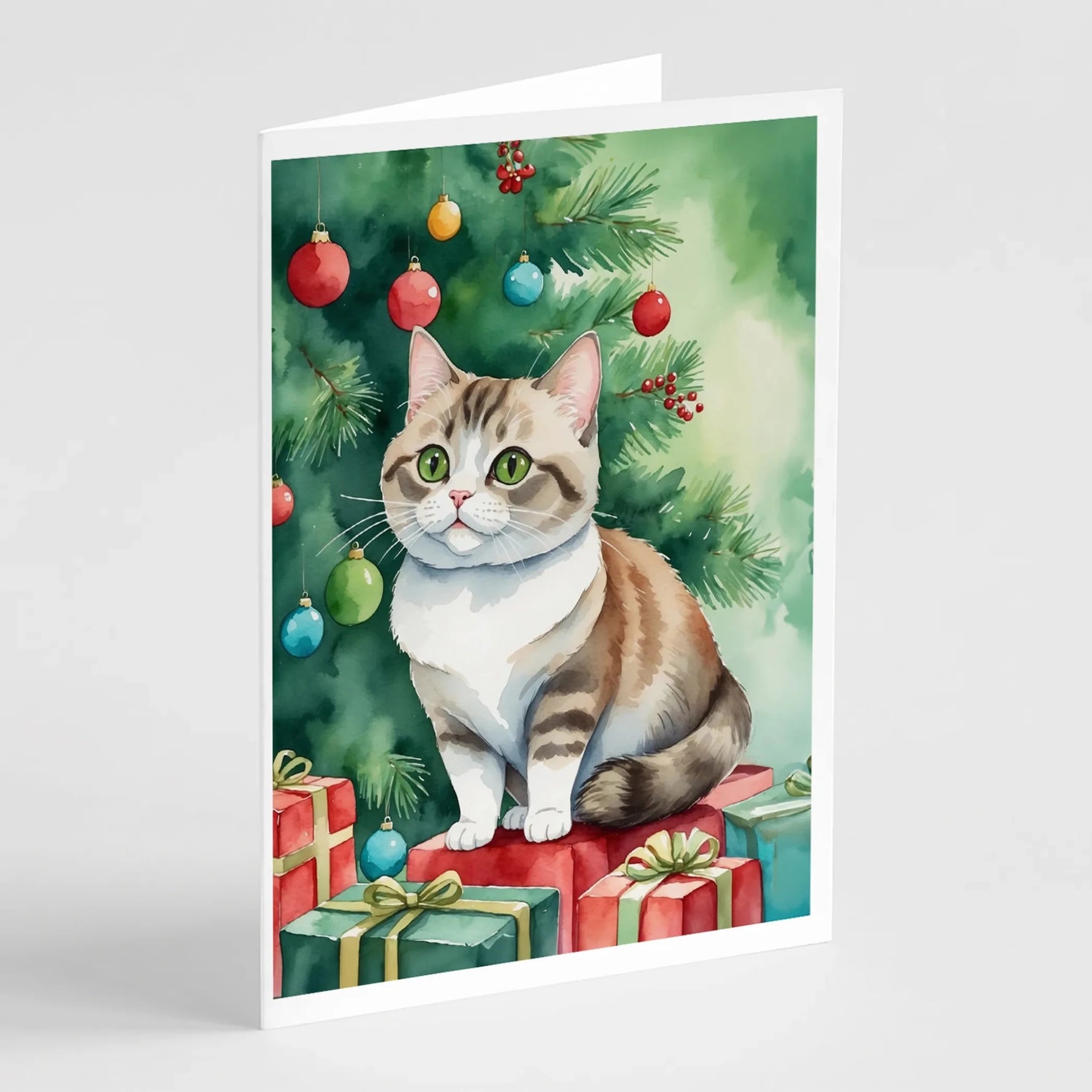 Cat By Christmas Tree Greeting Cards - Size: 5X7 | Pack Of: 8 | Collection name: Cat by christmas tree-AMAZON FACTORY
