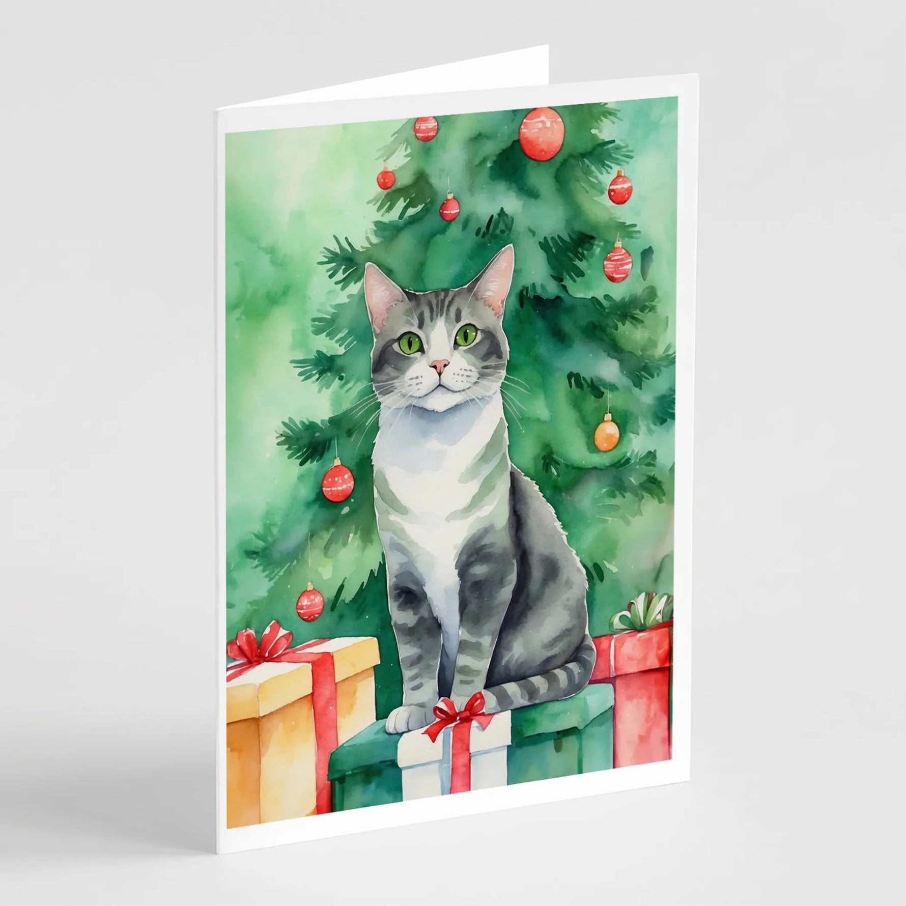 Cat By Christmas Tree Greeting Cards - Size: 5X7 | Pack Of: 8 | Collection name: Cat by christmas tree-AMAZON FACTORY