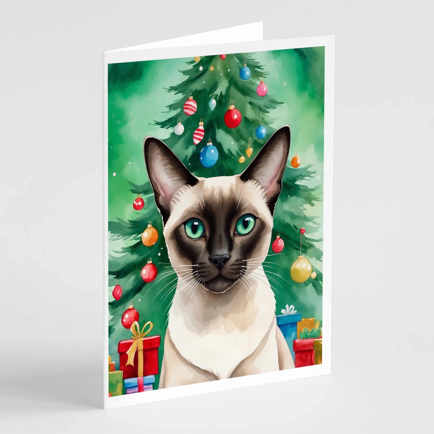 Cat By Christmas Tree Greeting Cards - Size: 5X7 | Pack Of: 8 | Collection name: Cat by christmas tree-AMAZON FACTORY