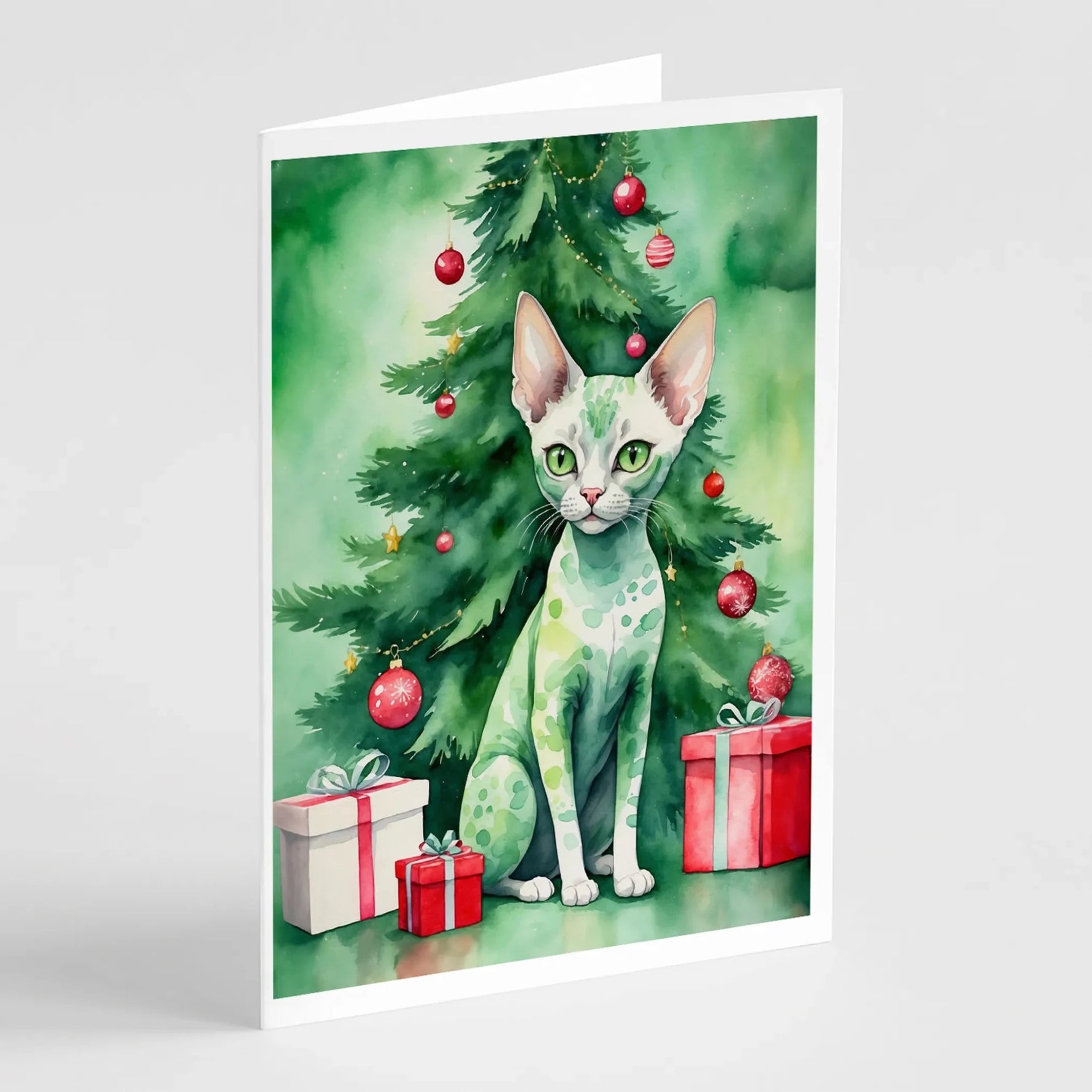 Cat By Christmas Tree Greeting Cards - Size: 5X7 | Pack Of: 8 | Collection name: Cat by christmas tree-AMAZON FACTORY