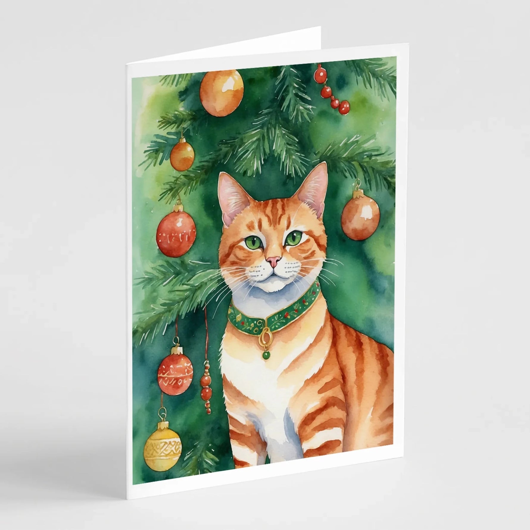 Cat By Christmas Tree Greeting Cards - Size: 5X7 | Pack Of: 8 | Collection name: Cat by christmas tree-AMAZON FACTORY
