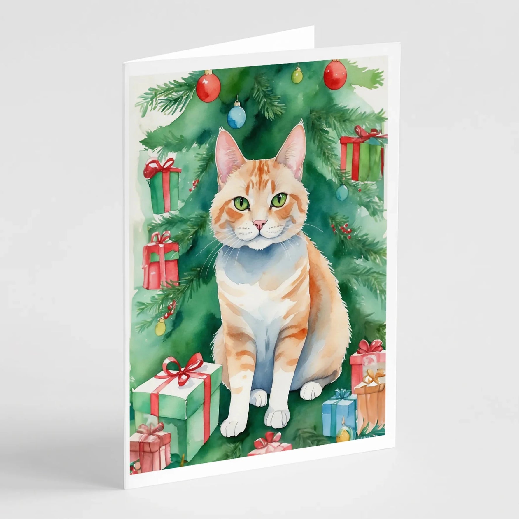 Cat By Christmas Tree Greeting Cards - Size: 5X7 | Pack Of: 8 | Collection name: Cat by christmas tree-AMAZON FACTORY