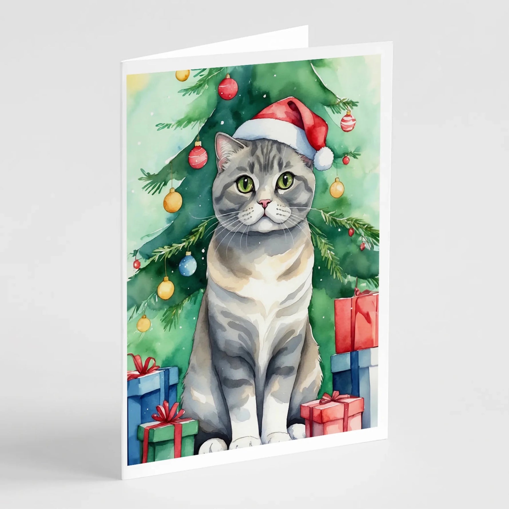 Cat By Christmas Tree Greeting Cards - Size: 5X7 | Pack Of: 8 | Collection name: Cat by christmas tree-AMAZON FACTORY