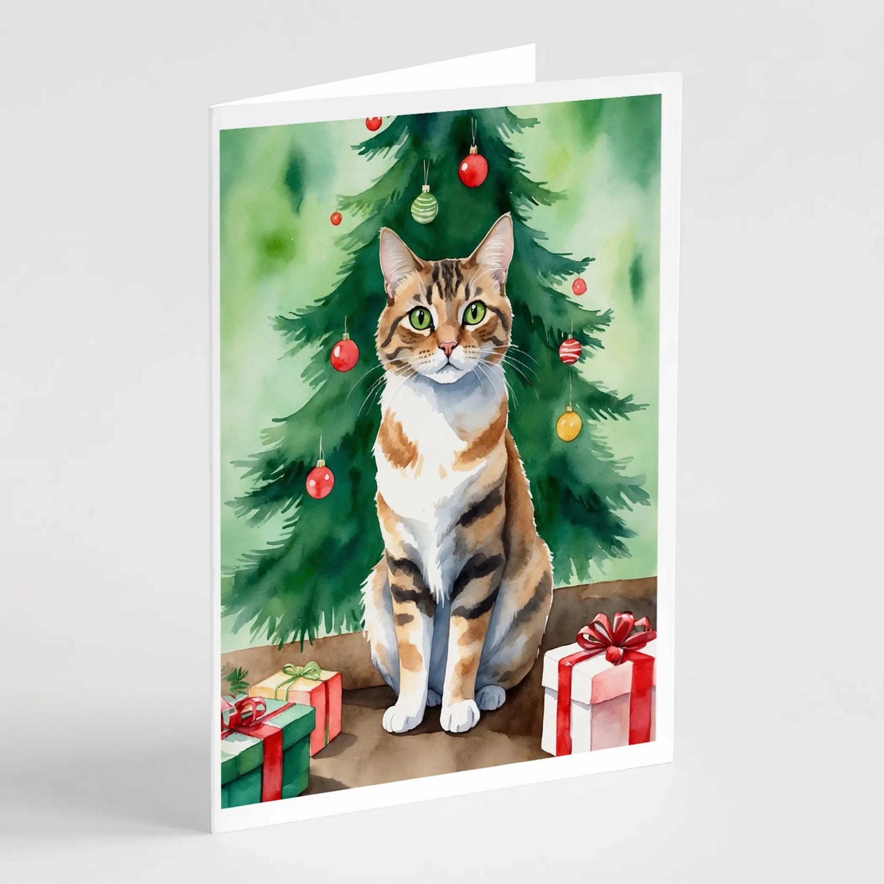 Cat By Christmas Tree Greeting Cards - Size: 5X7 | Pack Of: 8 | Collection name: Cat by christmas tree-AMAZON FACTORY