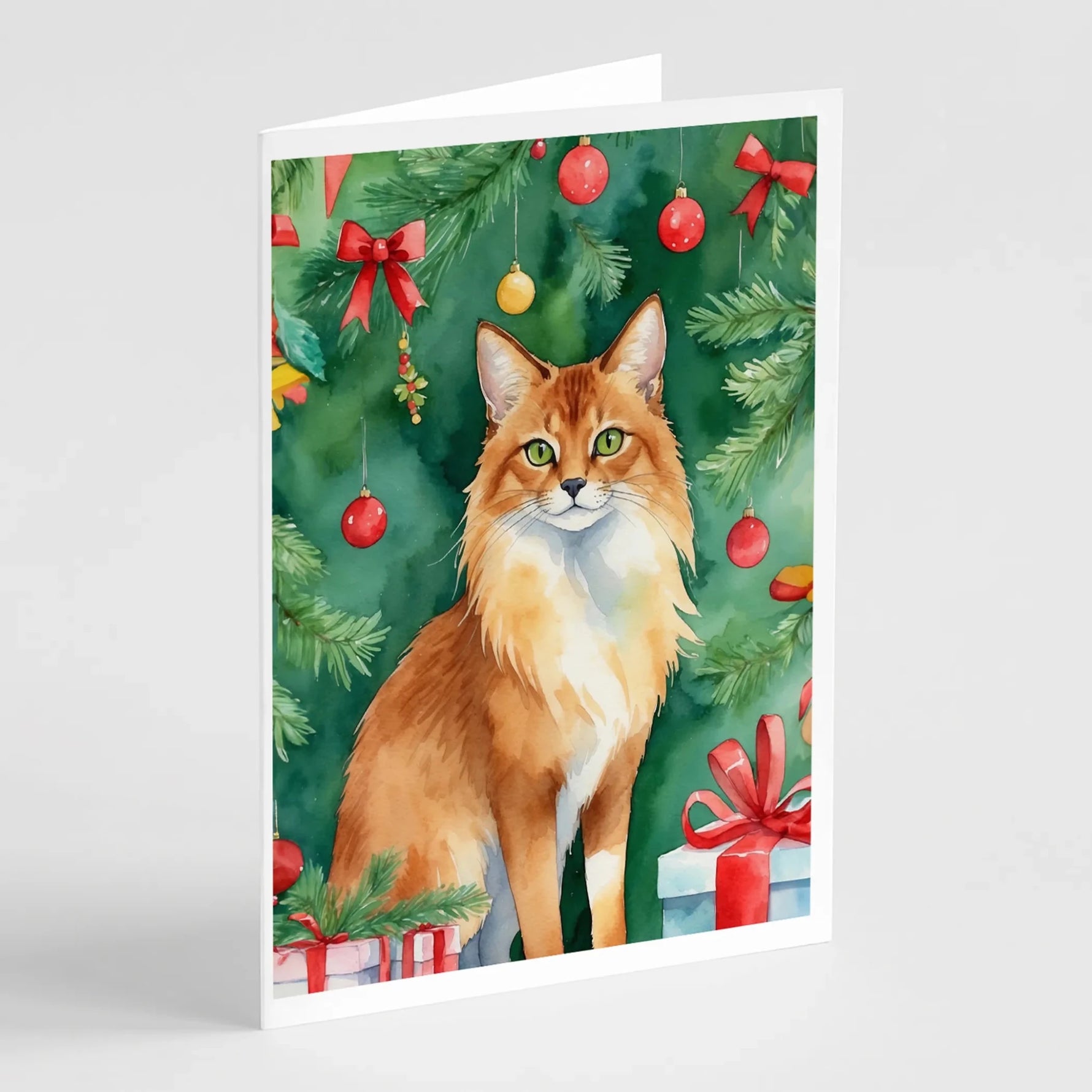 Cat By Christmas Tree Greeting Cards - Size: 5X7 | Pack Of: 8 | Collection name: Cat by christmas tree-AMAZON FACTORY