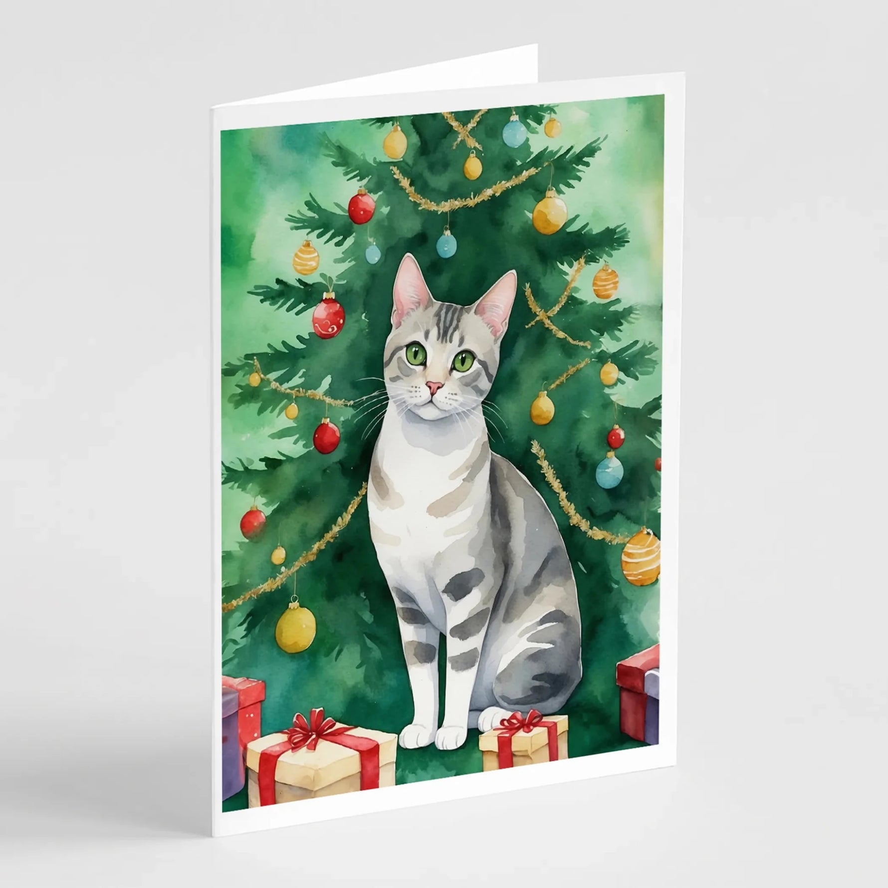 Cat By Christmas Tree Greeting Cards - Size: 5X7 | Pack Of: 8 | Collection name: Cat by christmas tree-AMAZON FACTORY