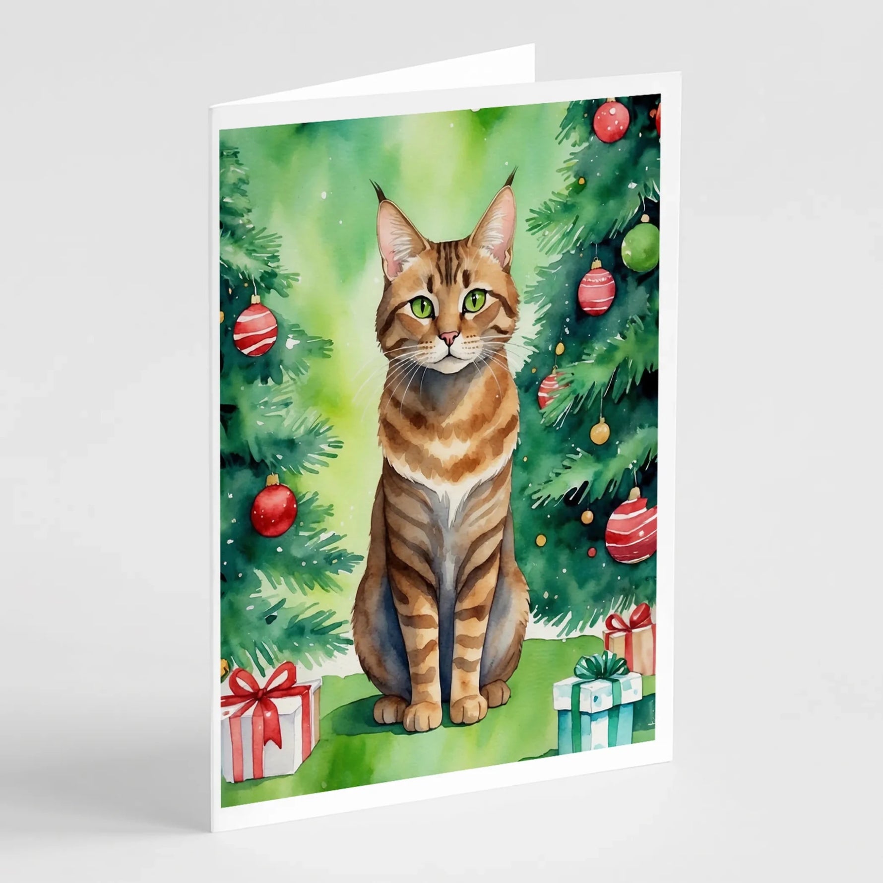 Cat By Christmas Tree Greeting Cards - Size: 5X7 | Pack Of: 8 | Collection name: Cat by christmas tree-AMAZON FACTORY