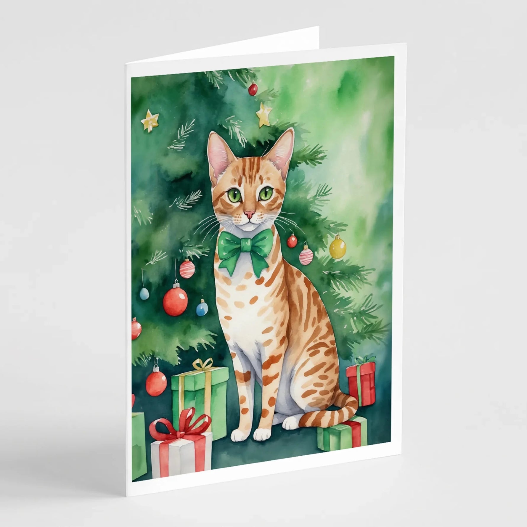 Cat By Christmas Tree Greeting Cards - Size: 5X7 | Pack Of: 8 | Collection name: Cat by christmas tree-AMAZON FACTORY
