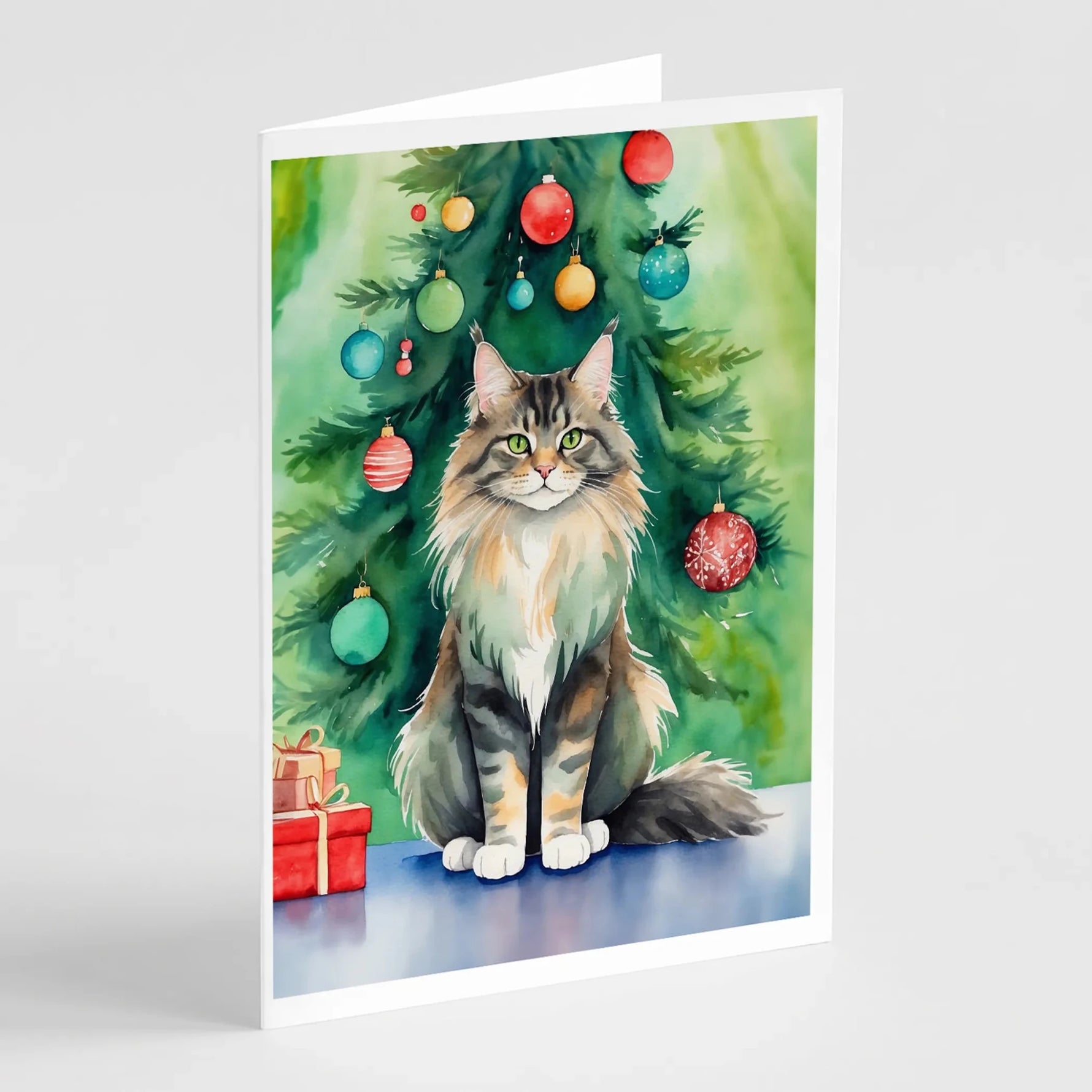 Cat By Christmas Tree Greeting Cards - Size: 5X7 | Pack Of: 8 | Collection name: Cat by christmas tree-AMAZON FACTORY