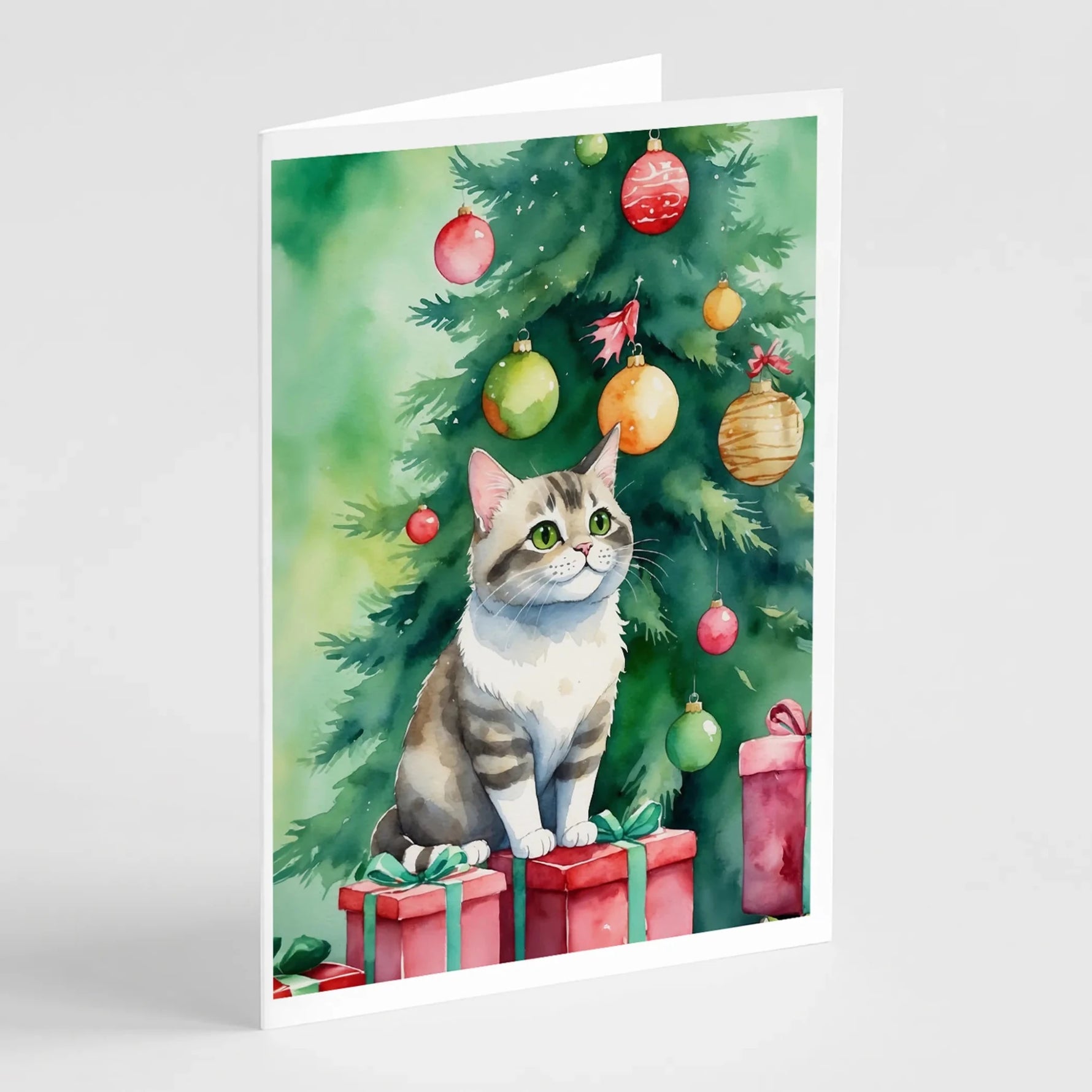 Cat By Christmas Tree Greeting Cards - Size: 5X7 | Pack Of: 8 | Collection name: Cat by christmas tree-AMAZON FACTORY