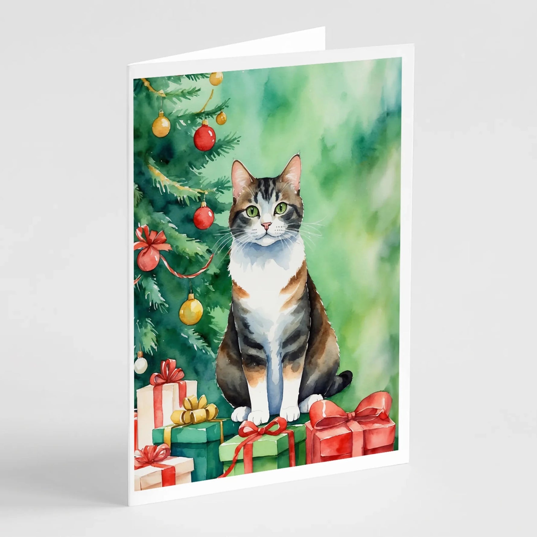 Cat By Christmas Tree Greeting Cards - Size: 5X7 | Pack Of: 8 | Collection name: Cat by christmas tree-AMAZON FACTORY