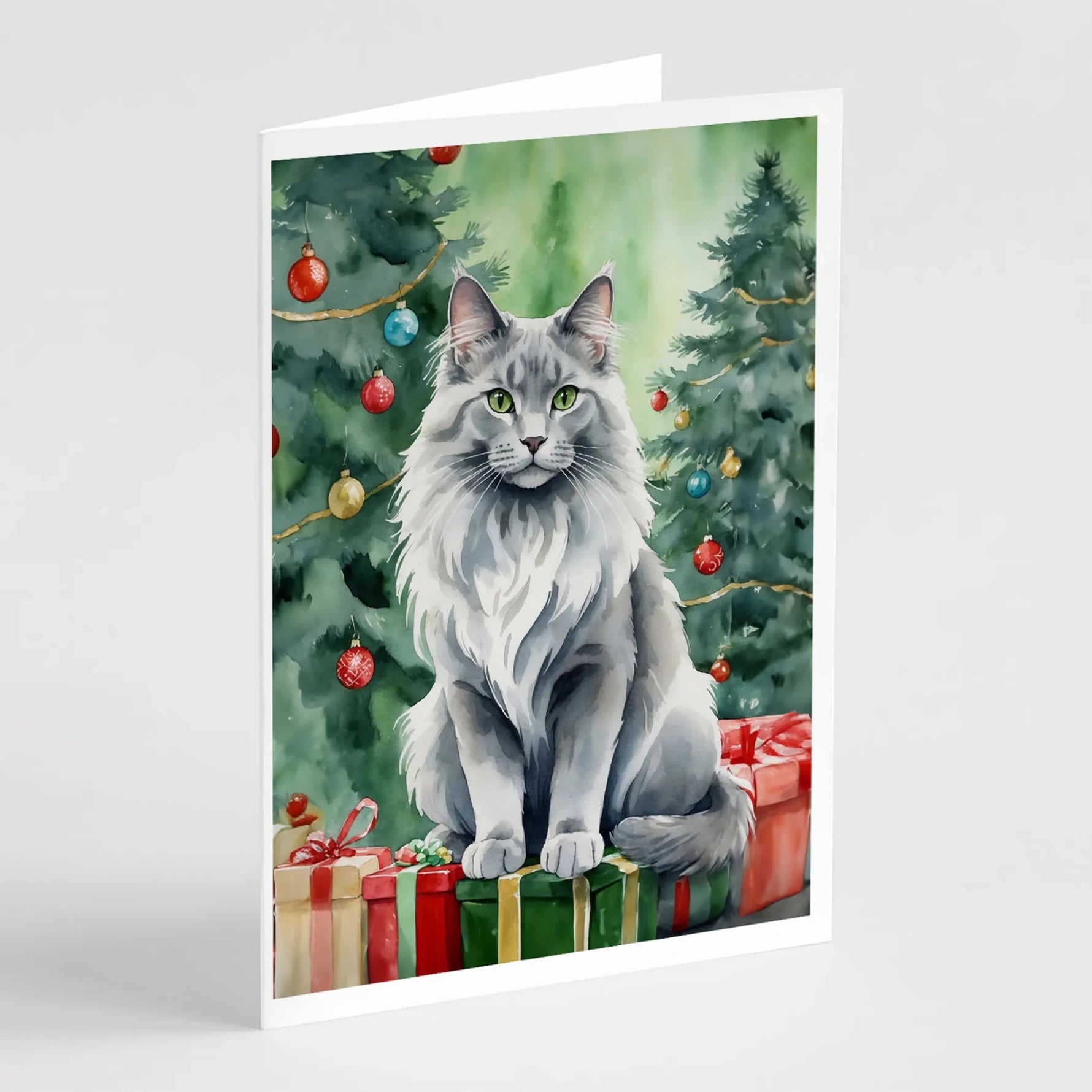 Cat By Christmas Tree Greeting Cards - Size: 5X7 | Pack Of: 8 | Collection name: Cat by christmas tree-AMAZON FACTORY