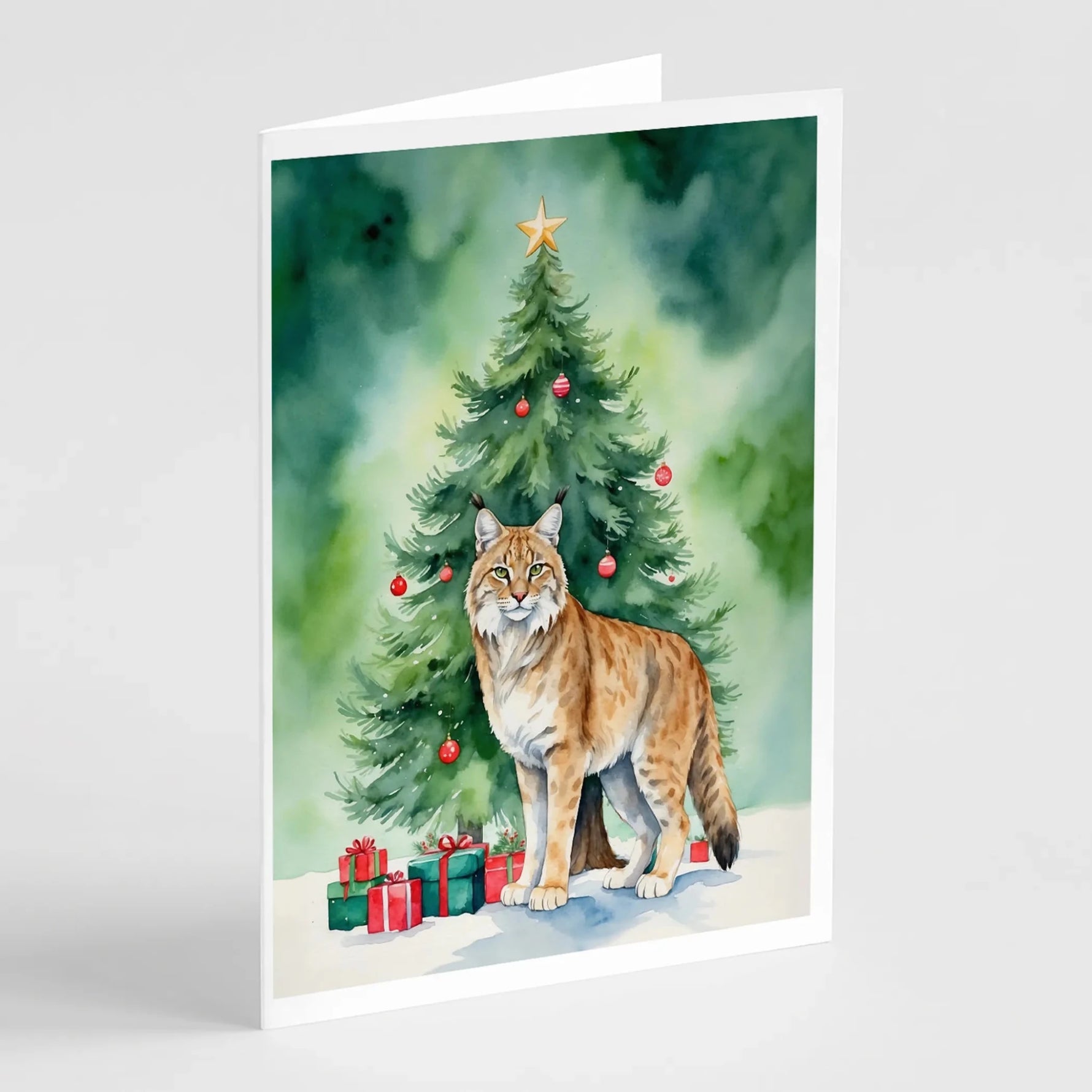 Cat By Christmas Tree Greeting Cards - Size: 5X7 | Pack Of: 8 | Collection name: Cat by christmas tree-AMAZON FACTORY