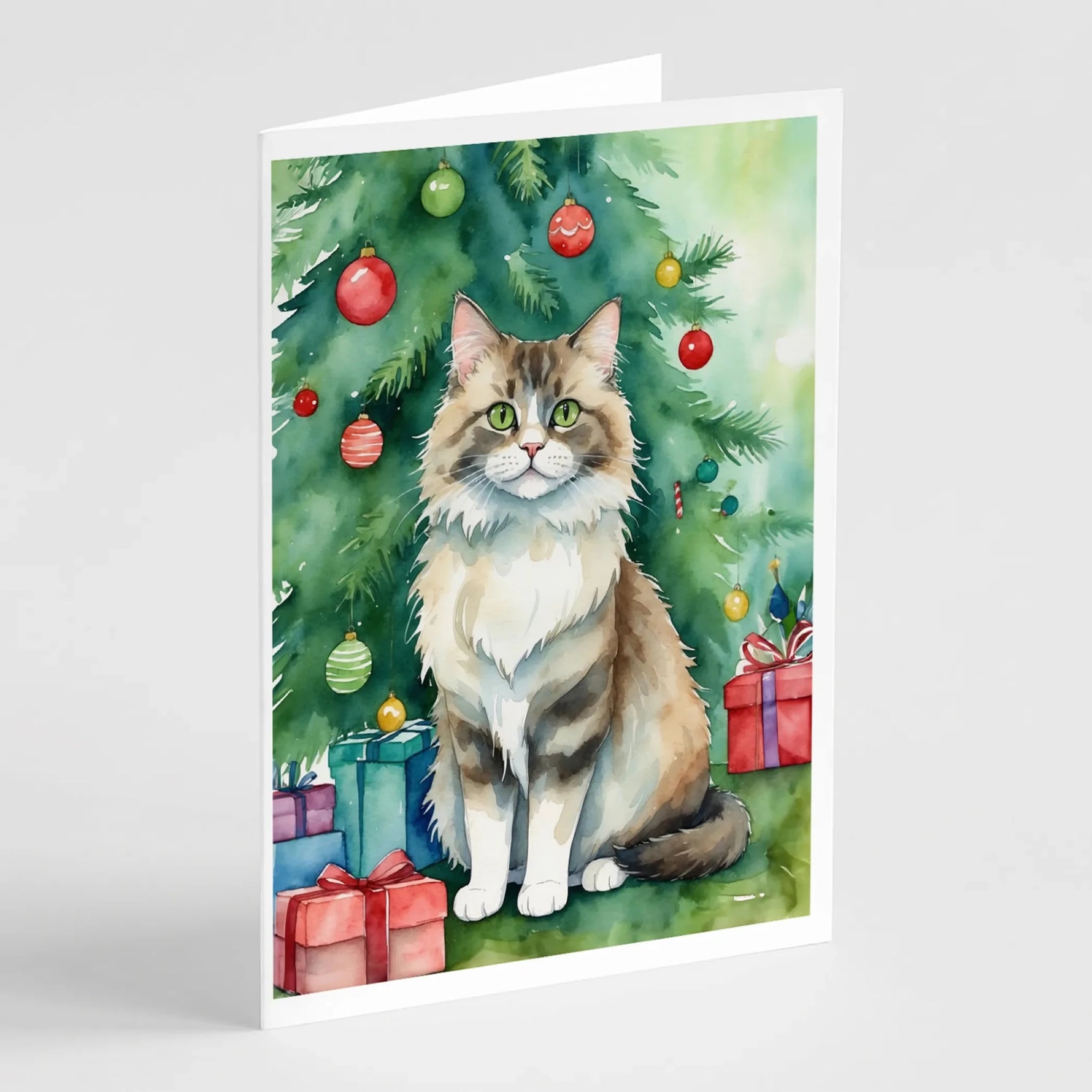 Cat By Christmas Tree Greeting Cards - Size: 5X7 | Pack Of: 8 | Collection name: Cat by christmas tree-AMAZON FACTORY