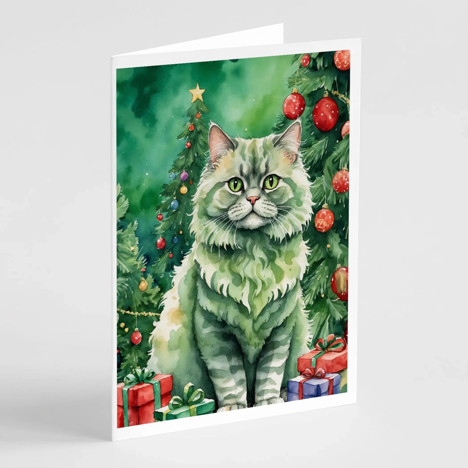 Cat By Christmas Tree Greeting Cards - Size: 5X7 | Pack Of: 8 | Collection name: Cat by christmas tree-AMAZON FACTORY