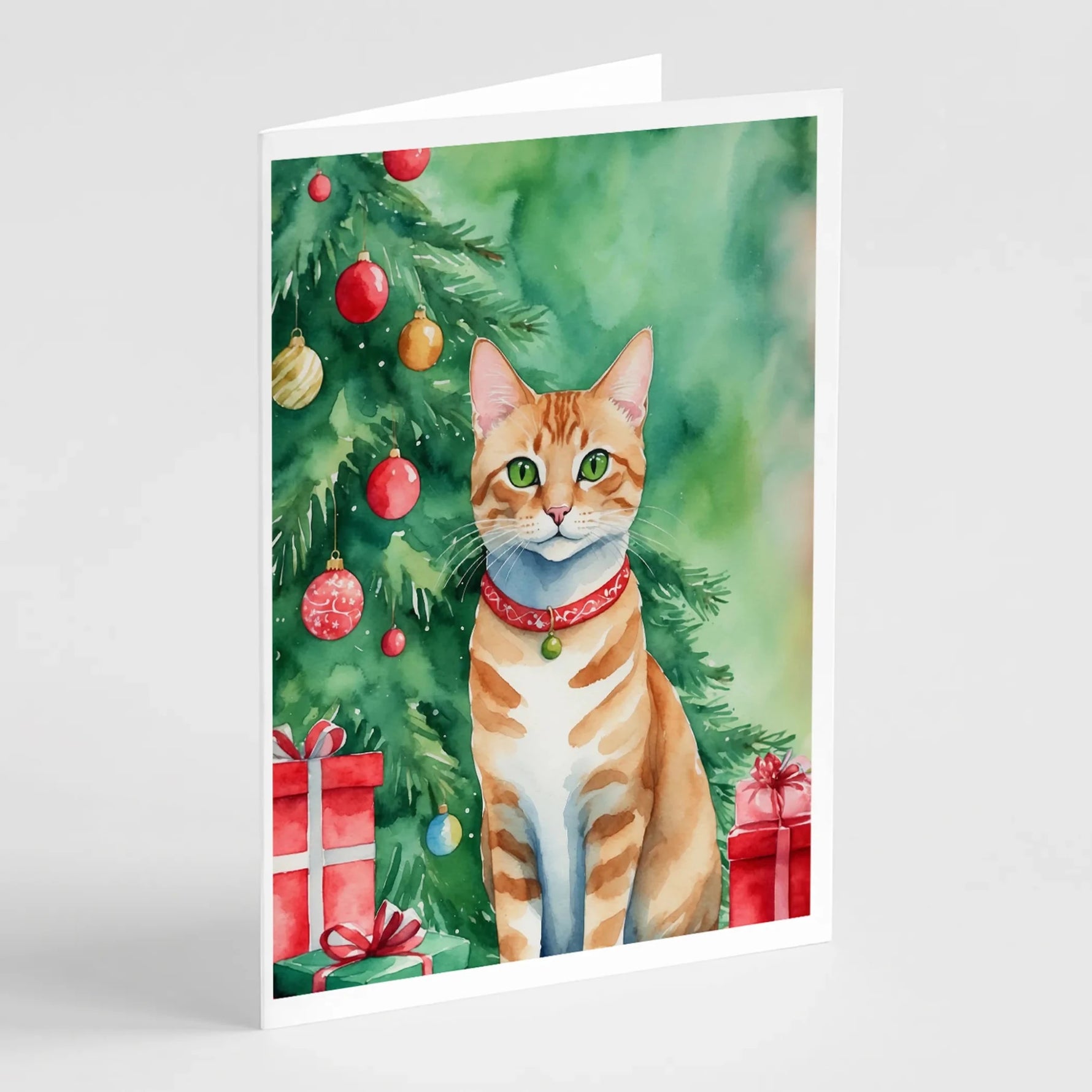 Cat By Christmas Tree Greeting Cards - Size: 5X7 | Pack Of: 8 | Collection name: Cat by christmas tree-AMAZON FACTORY