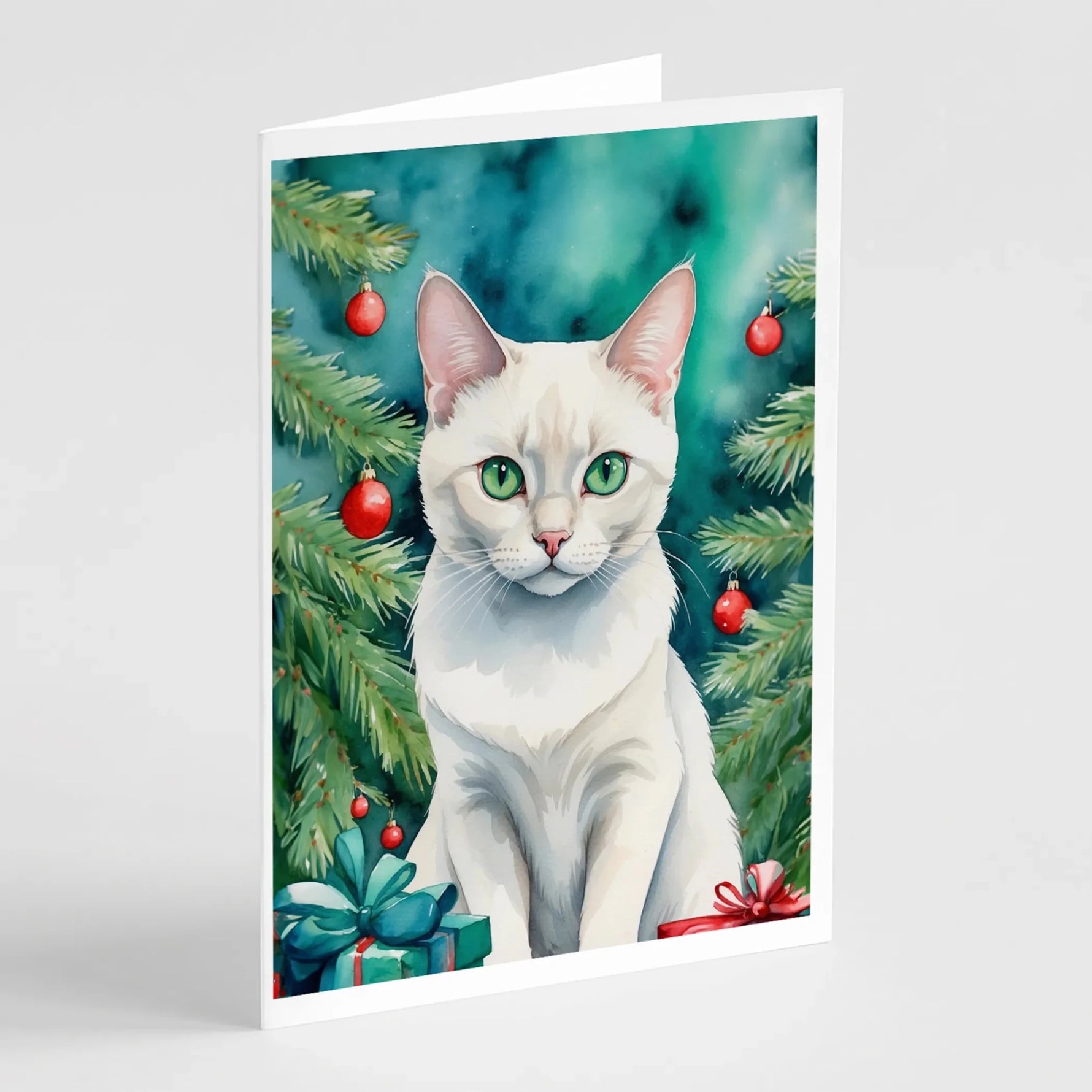 Cat By Christmas Tree Greeting Cards - Size: 5X7 | Pack Of: 8 | Collection name: Cat by christmas tree-AMAZON FACTORY
