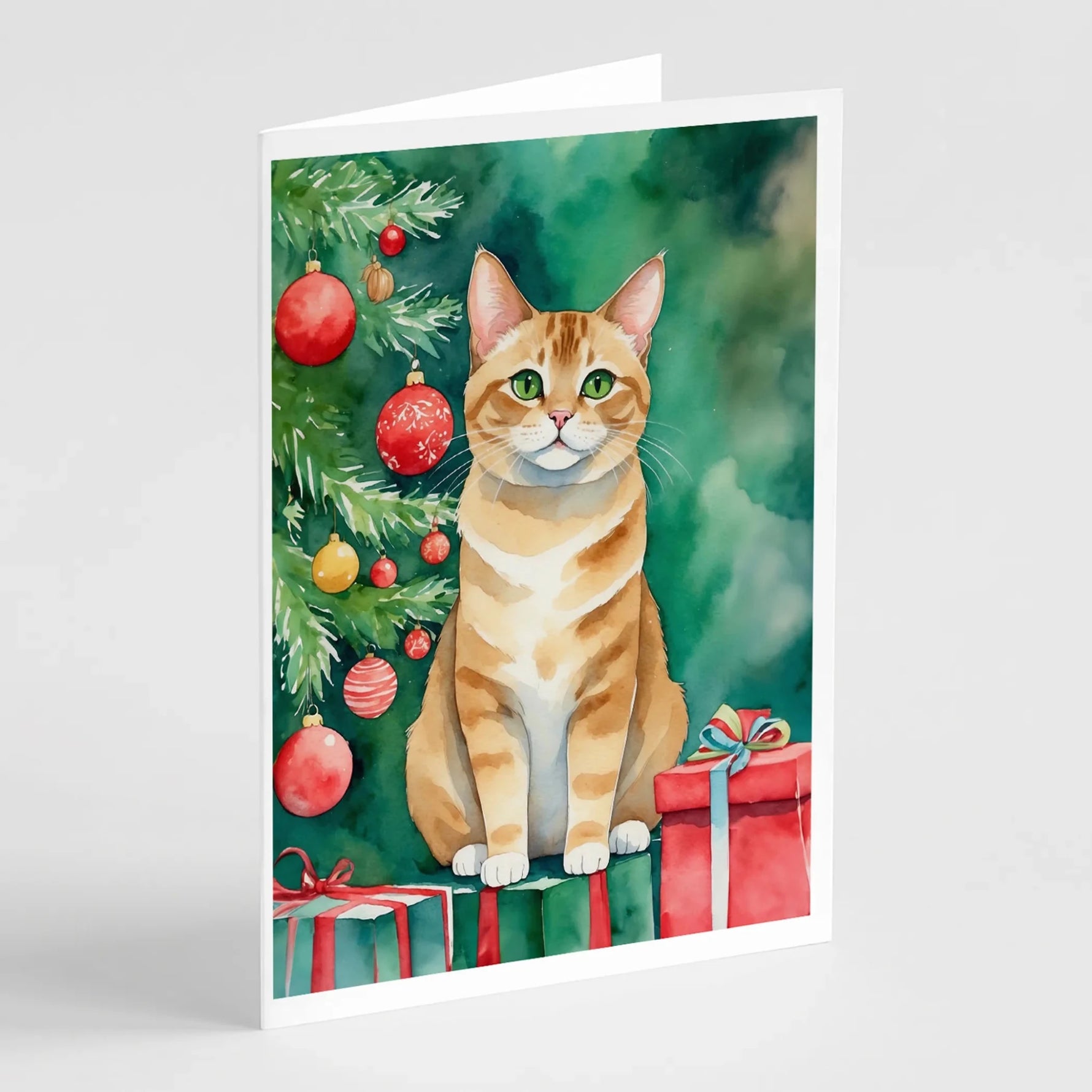 Cat By Christmas Tree Greeting Cards - Size: 5X7 | Pack Of: 8 | Collection name: Cat by christmas tree-AMAZON FACTORY