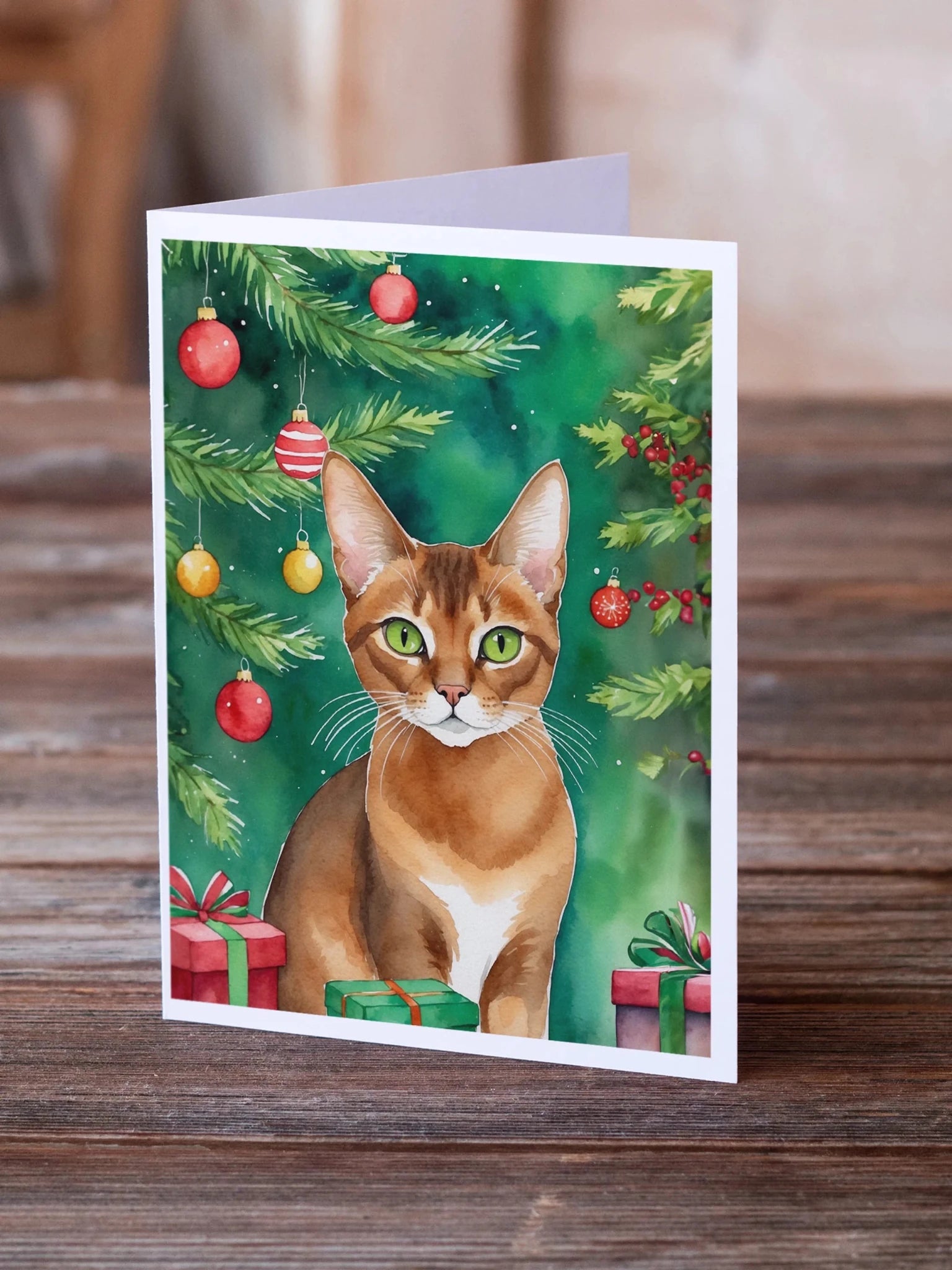 Cat By Christmas Tree Greeting Cards - Size: 5X7 | Pack Of: 8 | Collection name: Cat by christmas tree-AMAZON FACTORY