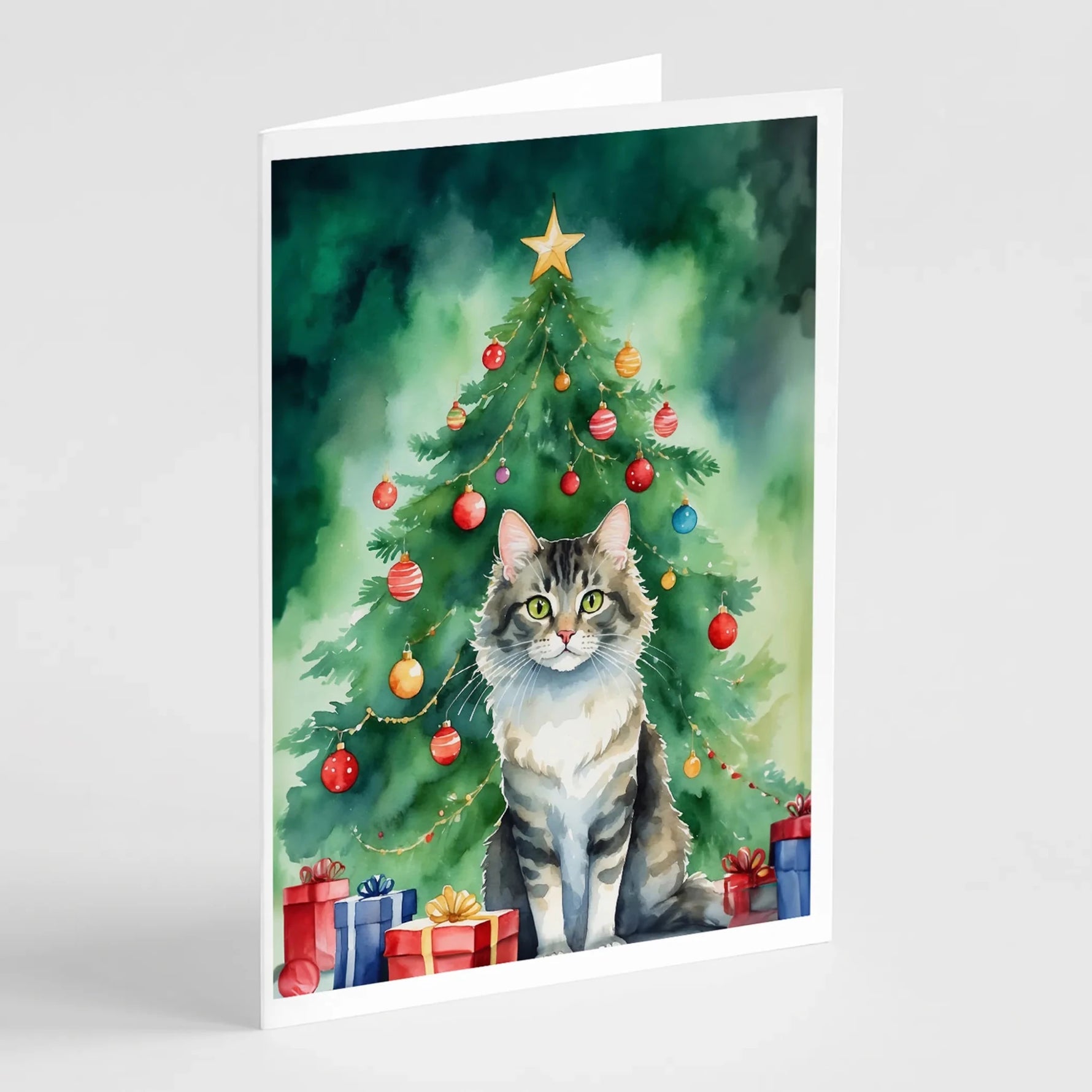Cat By Christmas Tree Greeting Cards - Size: 5X7 | Pack Of: 8 | Collection name: Cat by christmas tree-AMAZON FACTORY