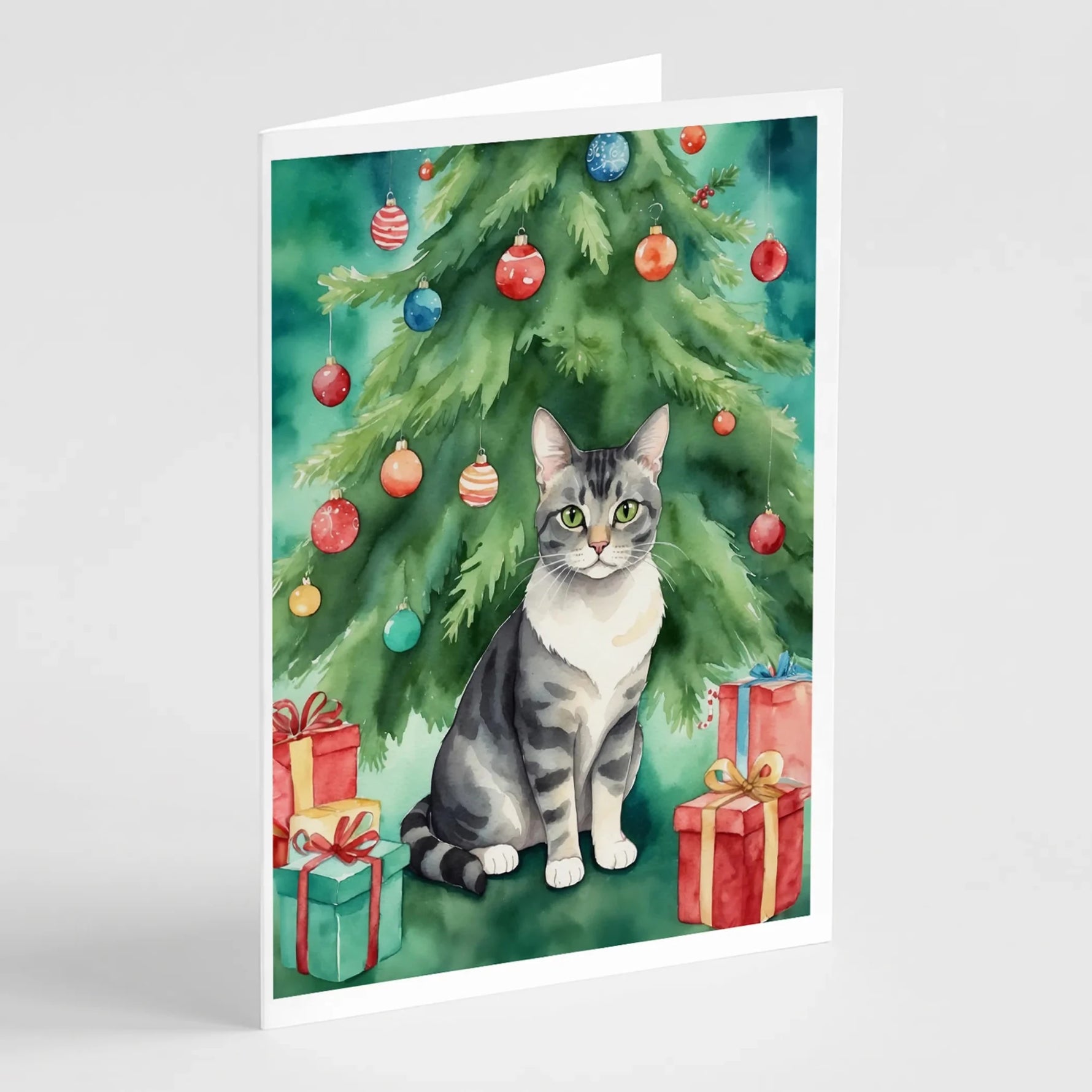 Cat By Christmas Tree Greeting Cards - Size: 5X7 | Pack Of: 8 | Collection name: Cat by christmas tree-AMAZON FACTORY