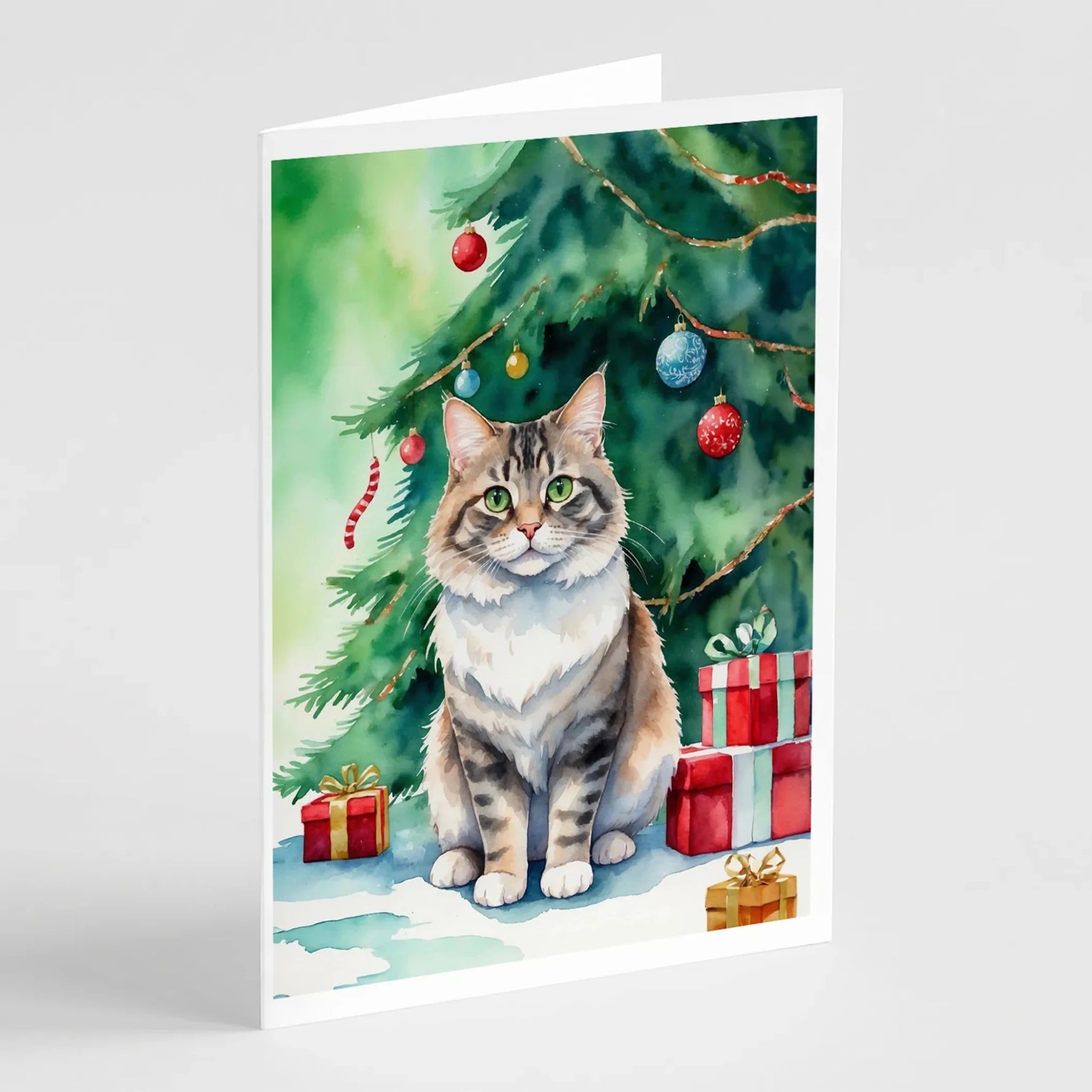 Cat By Christmas Tree Greeting Cards - Size: 5X7 | Pack Of: 8 | Collection name: Cat by christmas tree-AMAZON FACTORY
