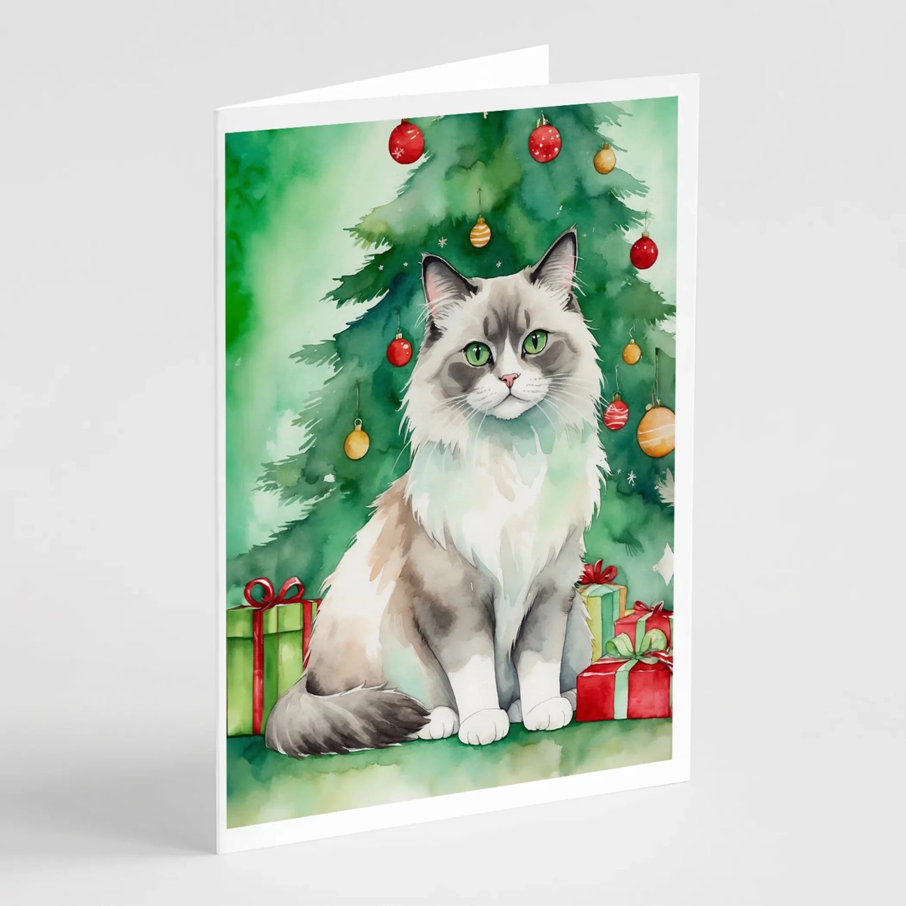 Cat By Christmas Tree Greeting Cards - Size: 5X7 | Pack Of: 8 | Collection name: Cat by christmas tree-AMAZON FACTORY