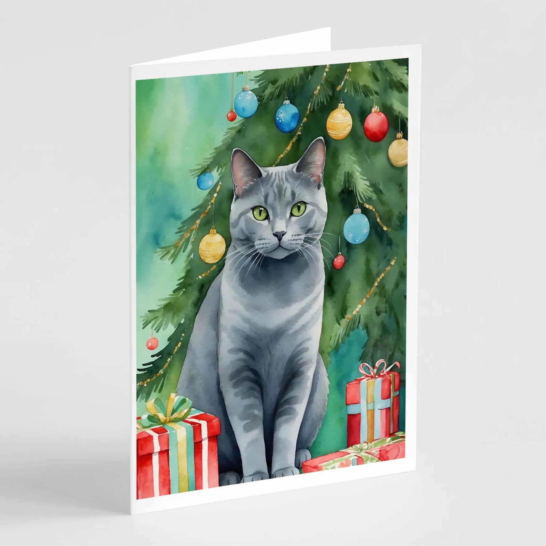 Cat By Christmas Tree Greeting Cards - Size: 5X7 | Pack Of: 8 | Collection name: Cat by christmas tree-AMAZON FACTORY