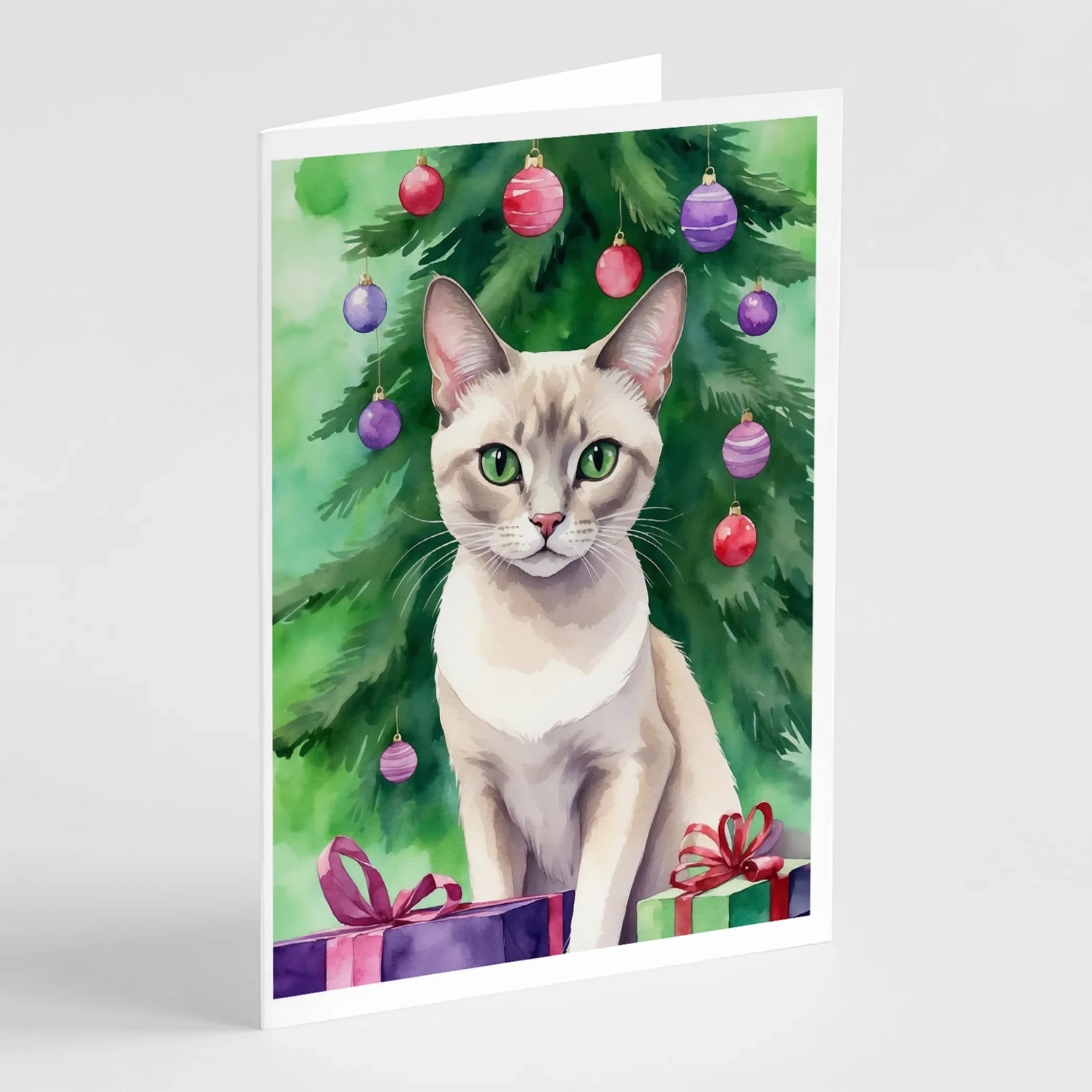 Cat By Christmas Tree Greeting Cards - Size: 5X7 | Pack Of: 8 | Collection name: Cat by christmas tree-AMAZON FACTORY
