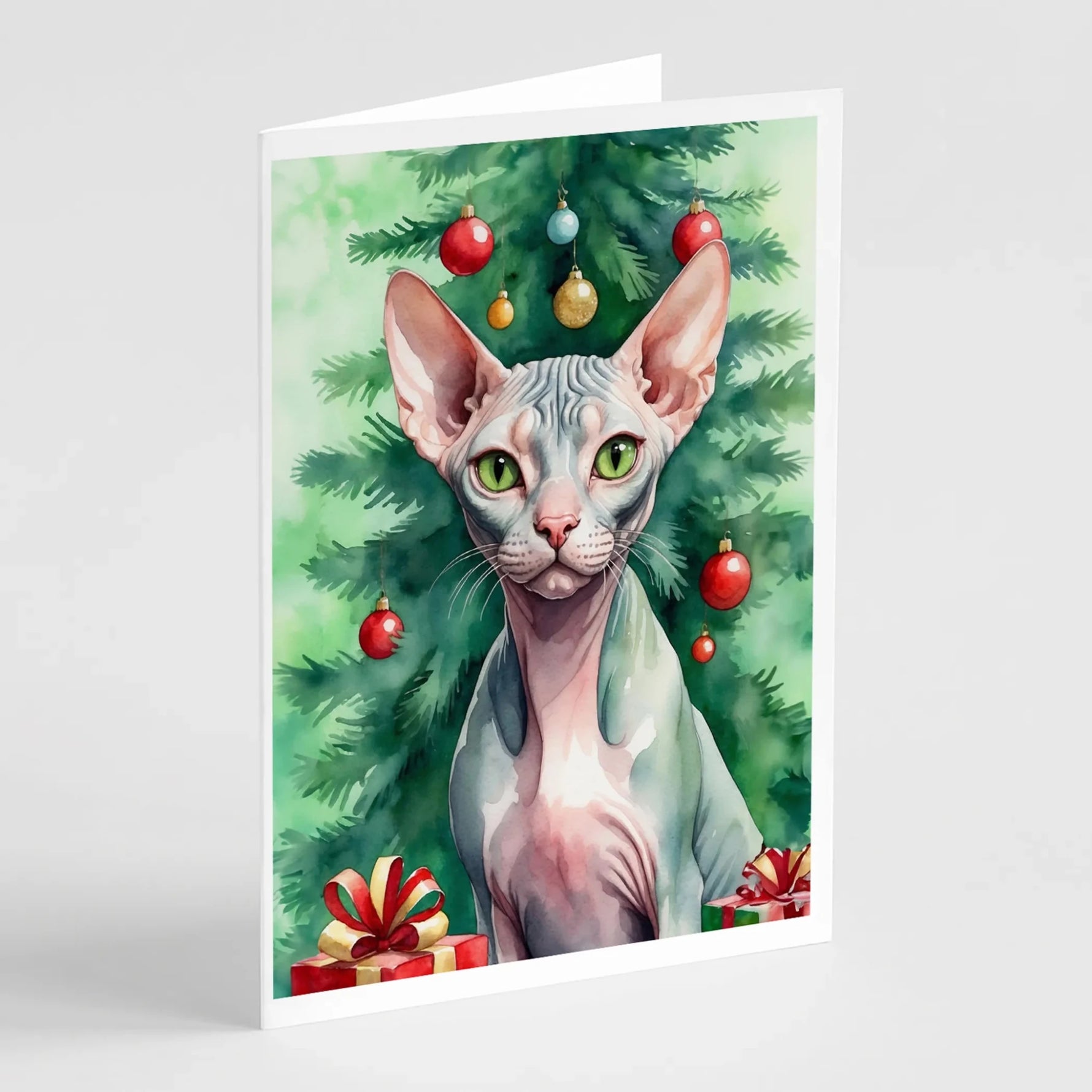 Cat By Christmas Tree Greeting Cards - Size: 5X7 | Pack Of: 8 | Collection name: Cat by christmas tree-AMAZON FACTORY