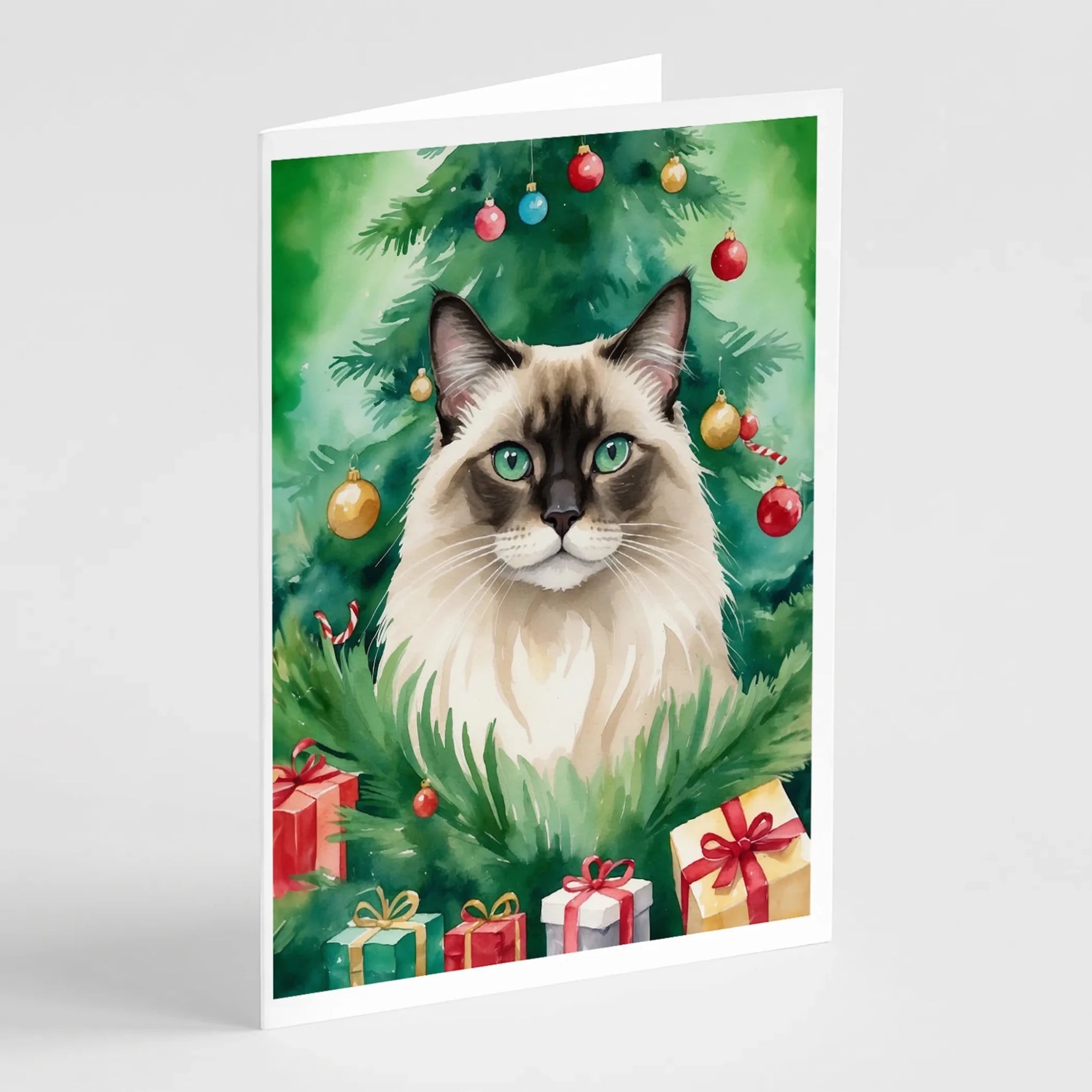 Cat By Christmas Tree Greeting Cards - Size: 5X7 | Pack Of: 8 | Collection name: Cat by christmas tree-AMAZON FACTORY