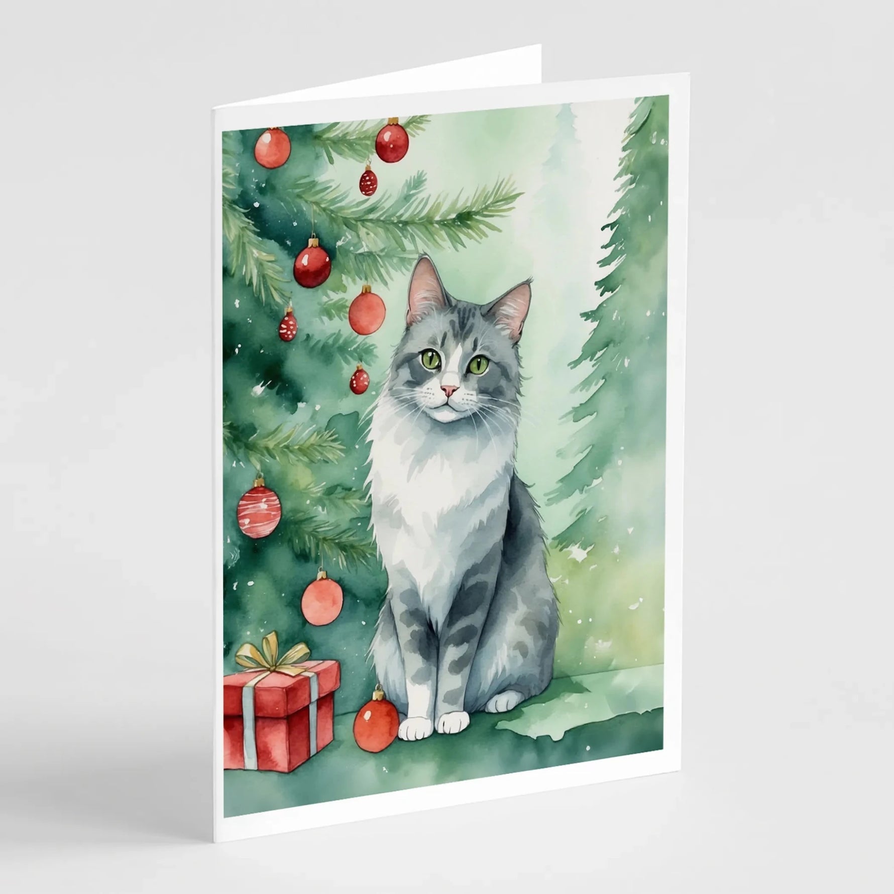 Cat By Christmas Tree Greeting Cards - Size: 5X7 | Pack Of: 8 | Collection name: Cat by christmas tree-AMAZON FACTORY