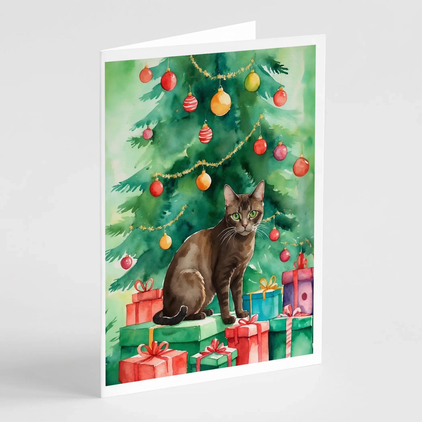 Cat By Christmas Tree Greeting Cards - Size: 5X7 | Pack Of: 8 | Collection name: Cat by christmas tree-AMAZON FACTORY